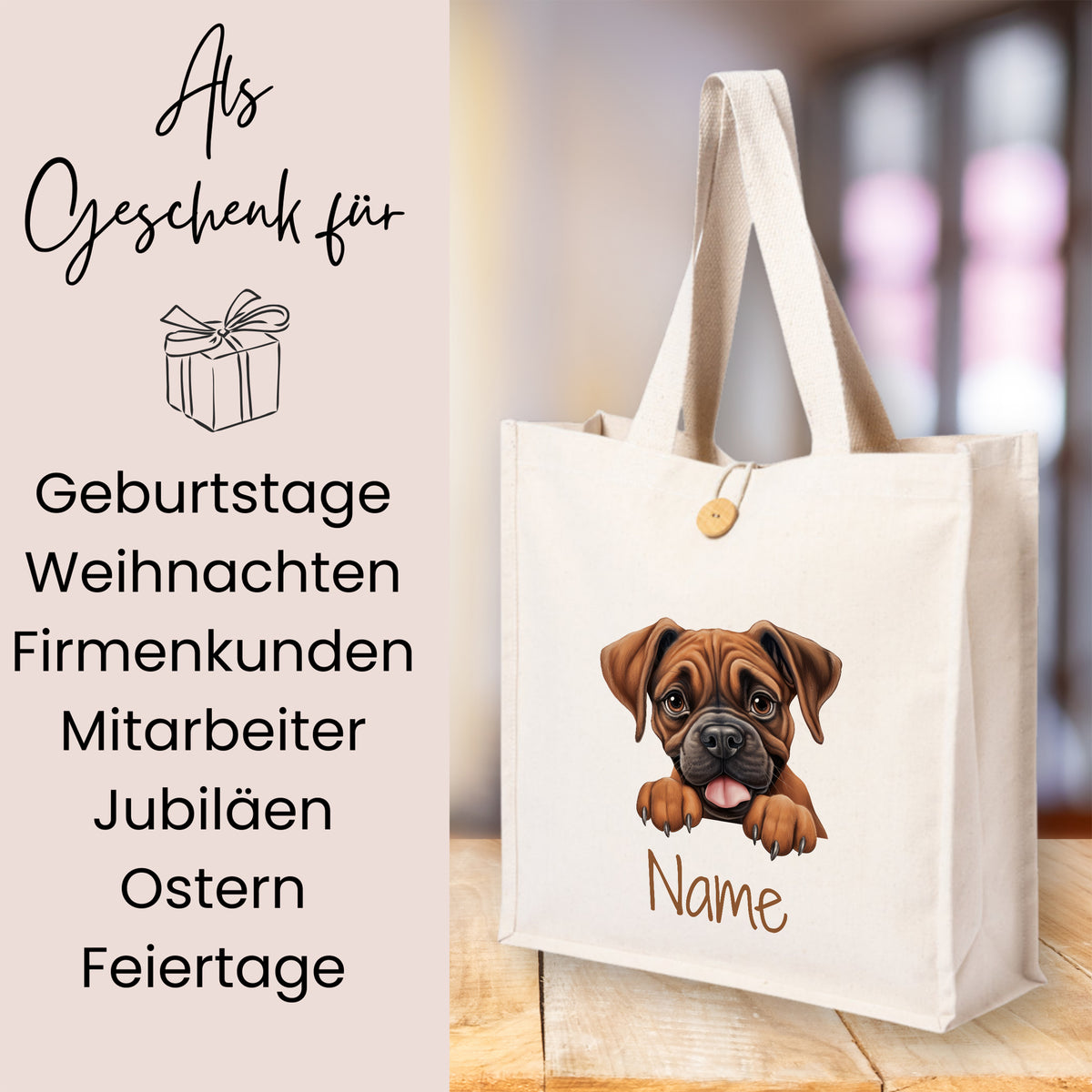 Beige Tragetasche mit Hundemotiv und personalisierbarem Namen.