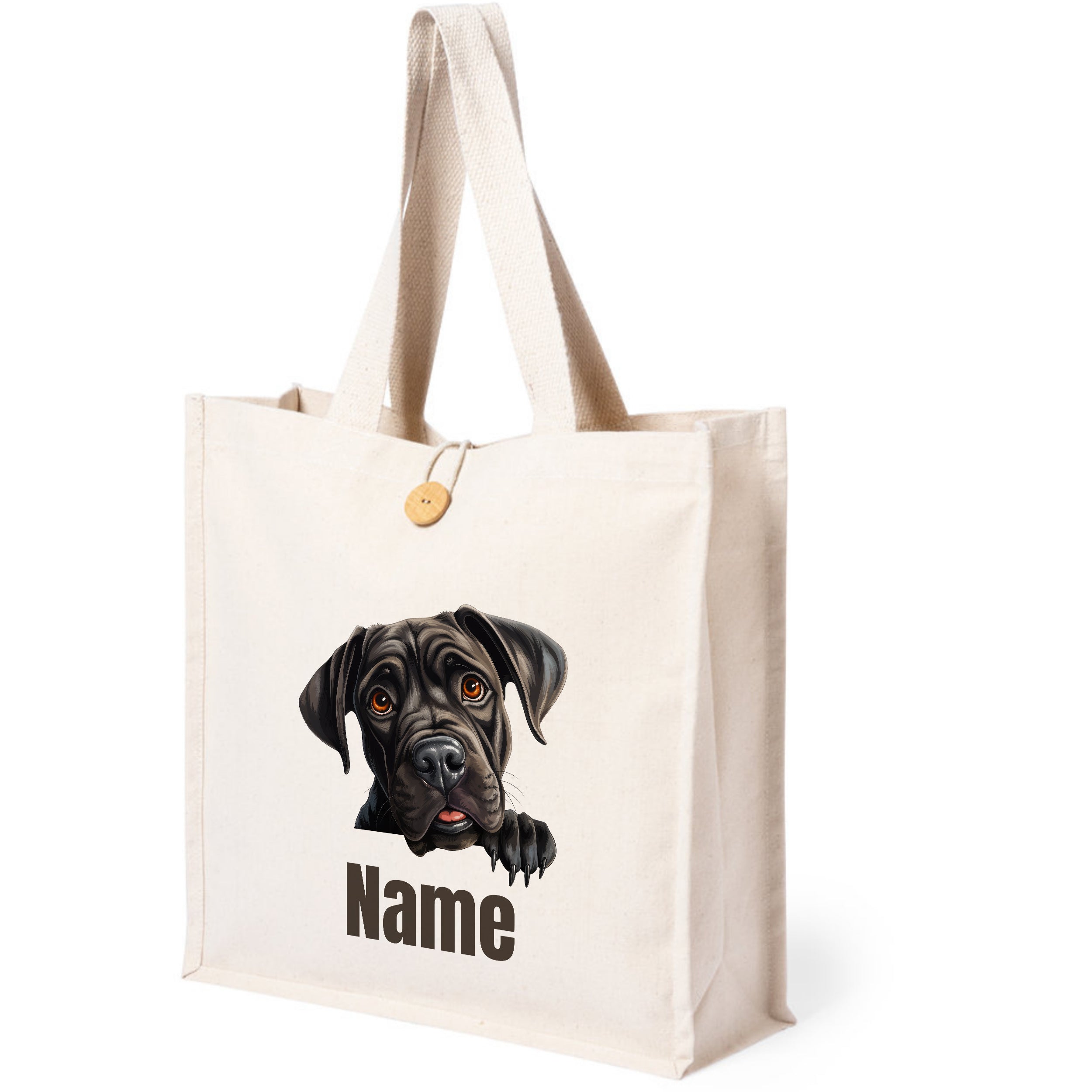 Beige Tasche mit Hundemotiv und Platz für Namen.