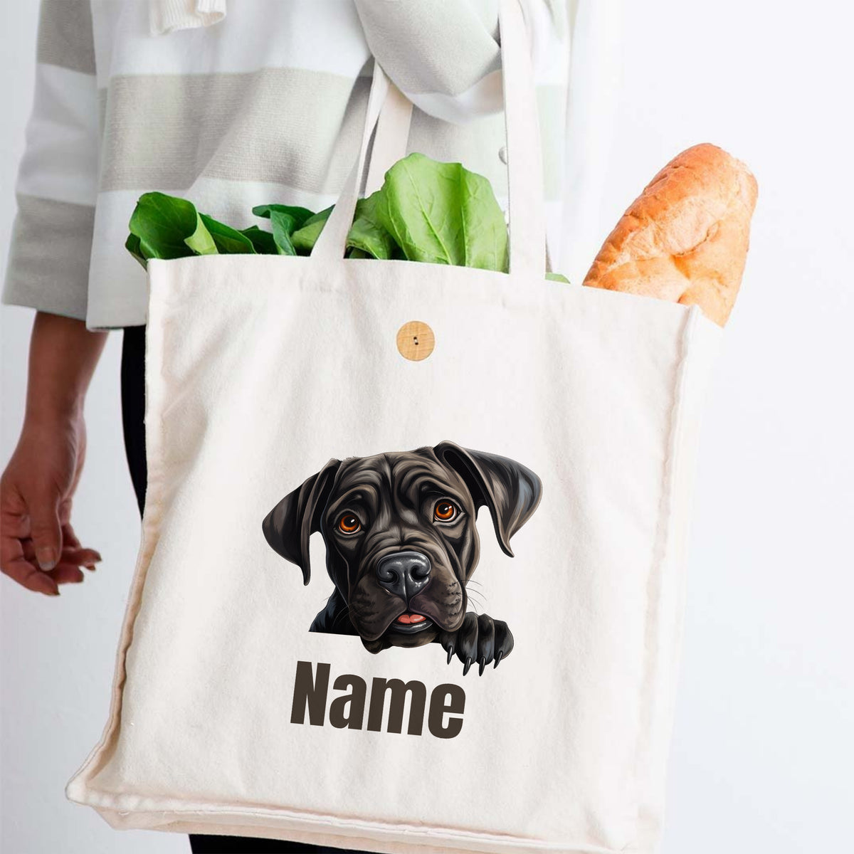 Beige Baumwolltasche mit Hundemotiv und personalisiertem Namen.