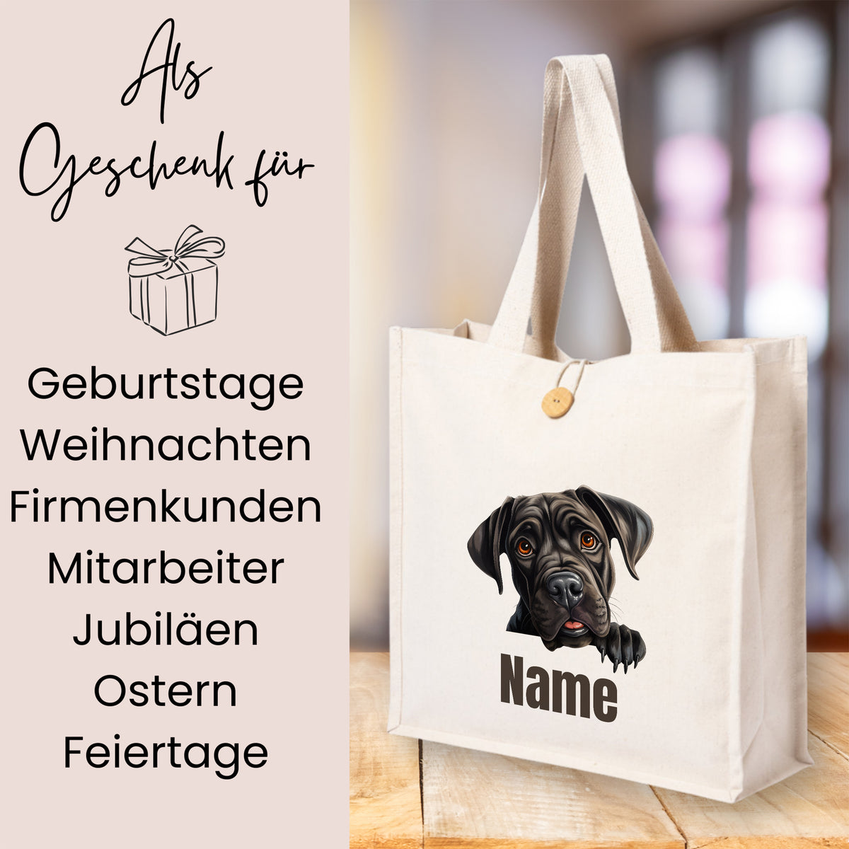 Beige Stofftasche mit Hundemotiv und personalisierbarem Namen.