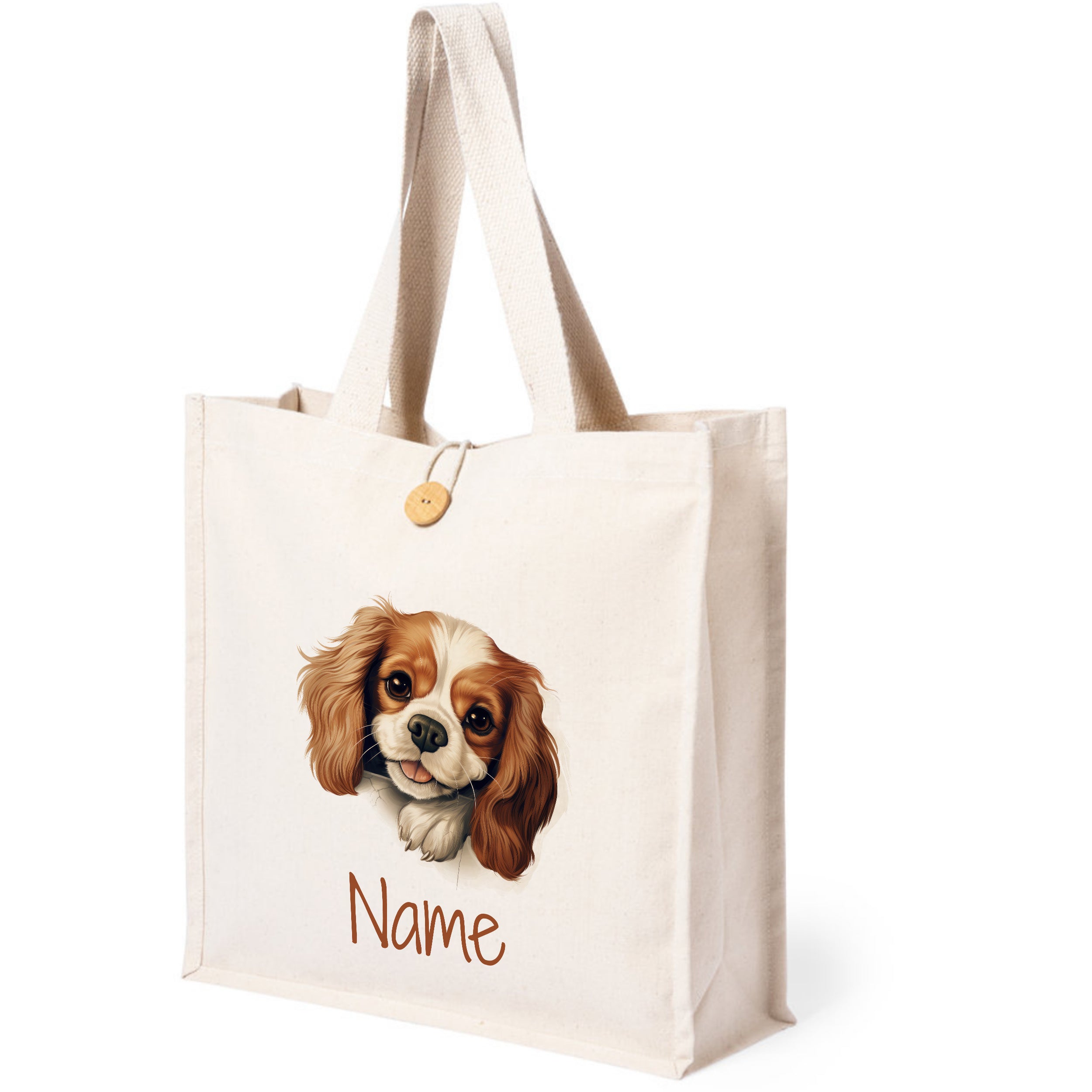 Beige Tragetasche mit Hundemotiv und personalisierbarem Namen.