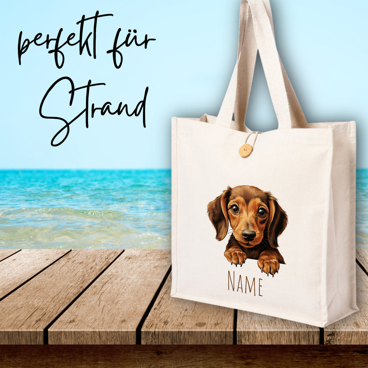 Beige Strandtasche mit Dackel-Motiv und personalisierbarem Namen.