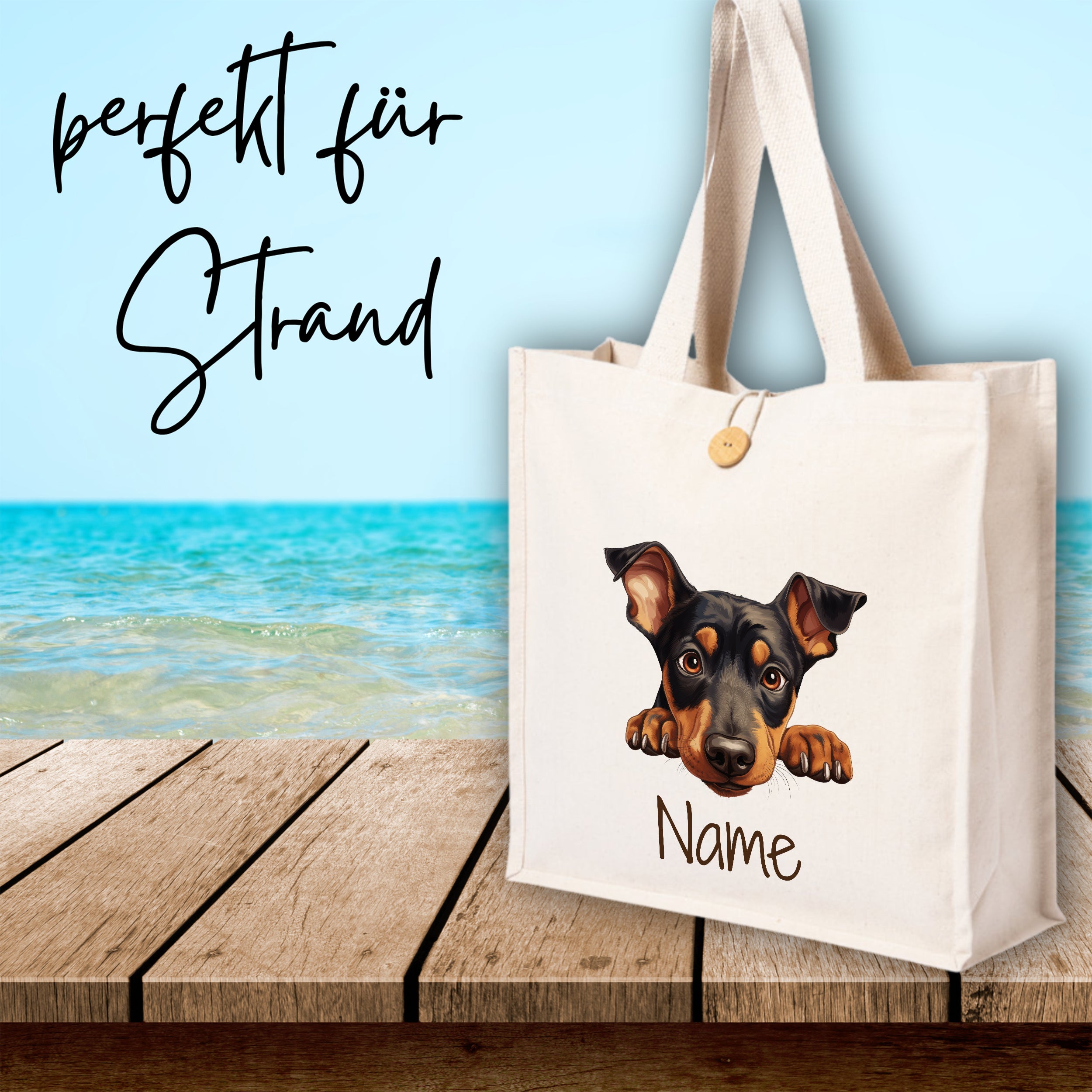 Beige Strandtasche mit Hundemotiv und personalisierbarem Namen.