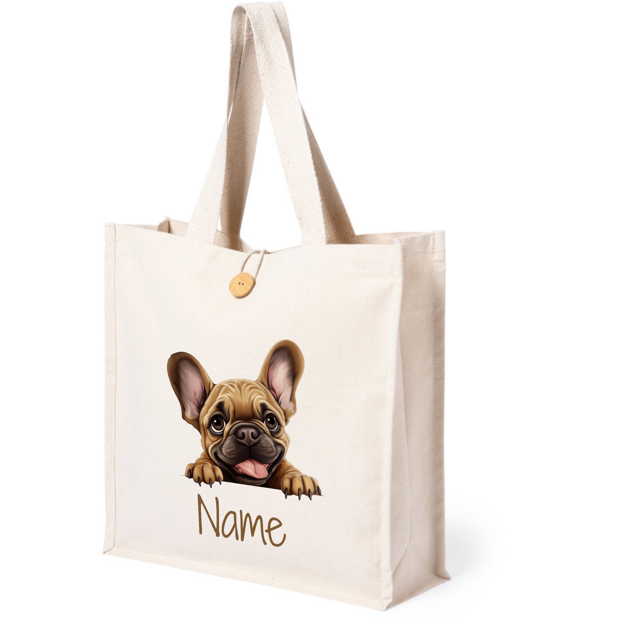 Beige Tasche mit französischem Bulldoggen-Motiv und personalisierbarem Namen.