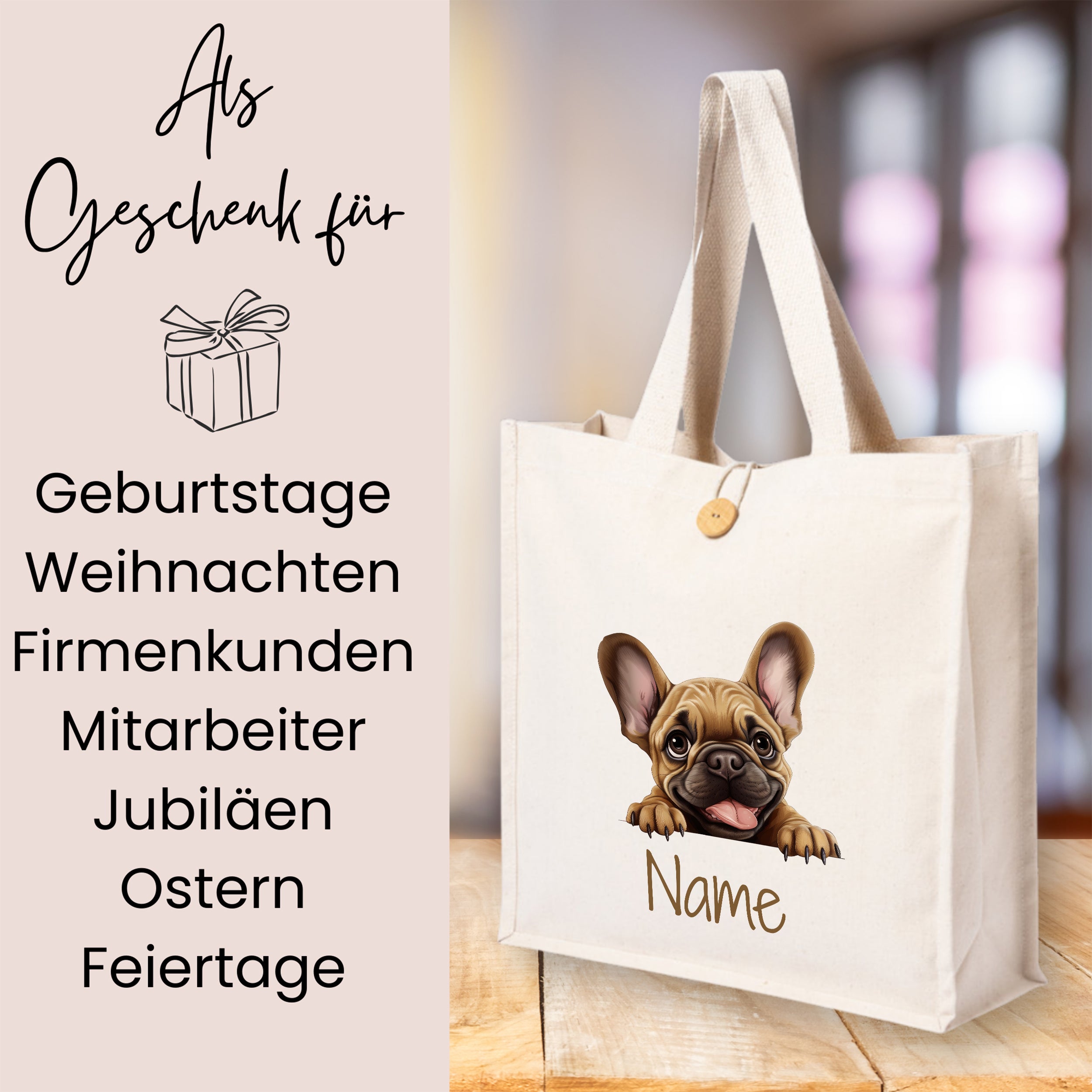 Beige Tasche mit französischem Bulldoggen-Motiv und personalisierbarem Namen.