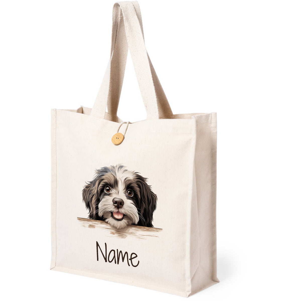 Beige Tasche mit Hundemotiv und personalisierbarem Namen.
