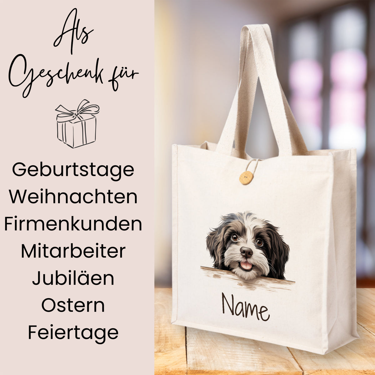 Beige Tragetasche mit Hundemotiv und personalisierbarem Namen.