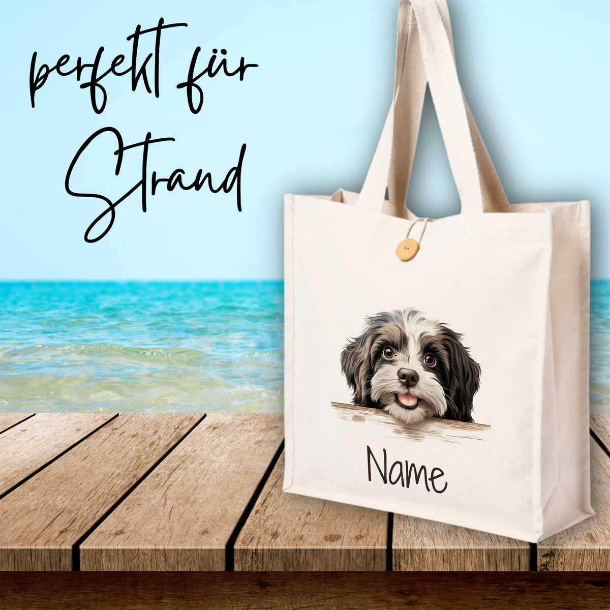 Beige Strandtasche mit Hundemotiv und personalisierbarem Namen.