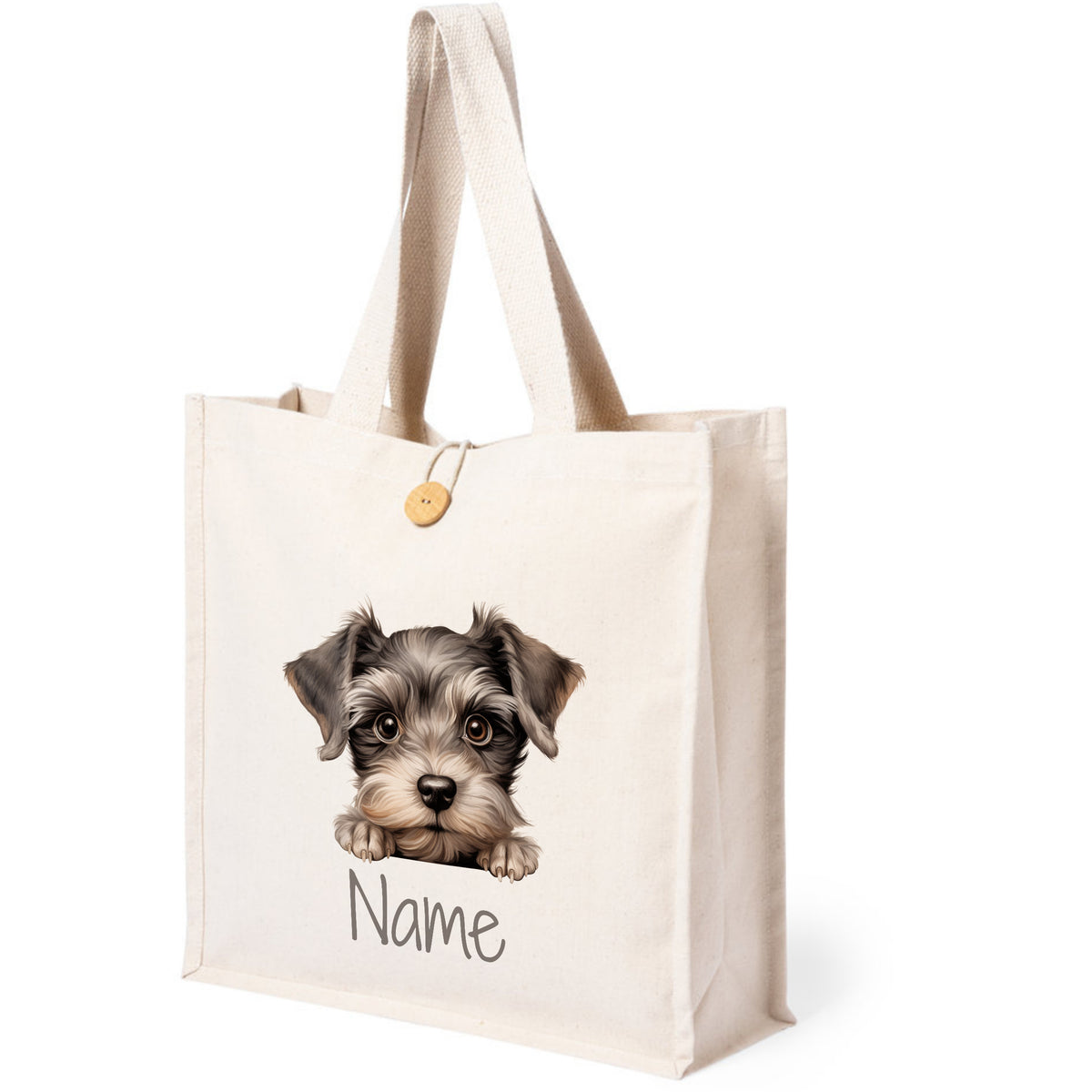 Beige Tasche mit Hundemotiv und personalisierbarem Namen.