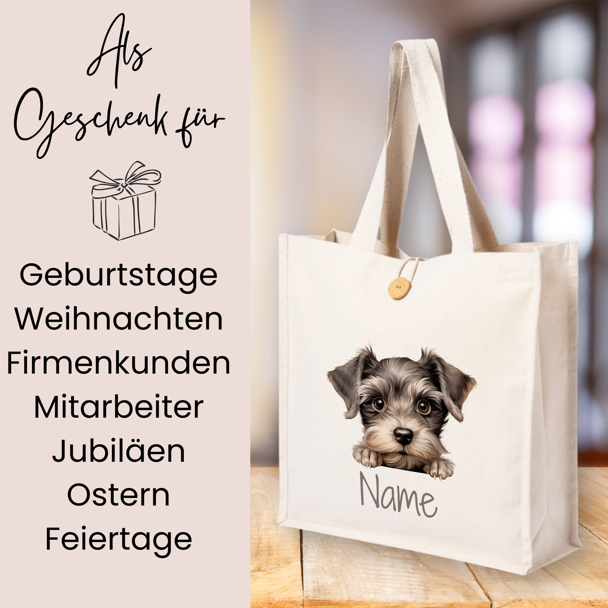 Beige Tragetasche mit Hundemotiv und personalisierbarem Namen.