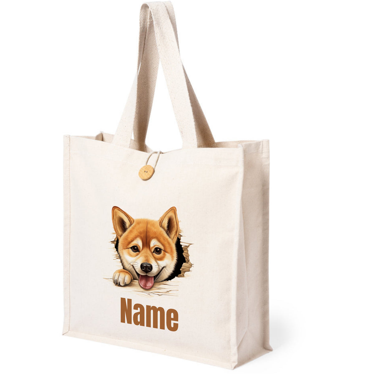 Beige Tragetasche mit Corgi-Motiv und personalisierbarem Namen.