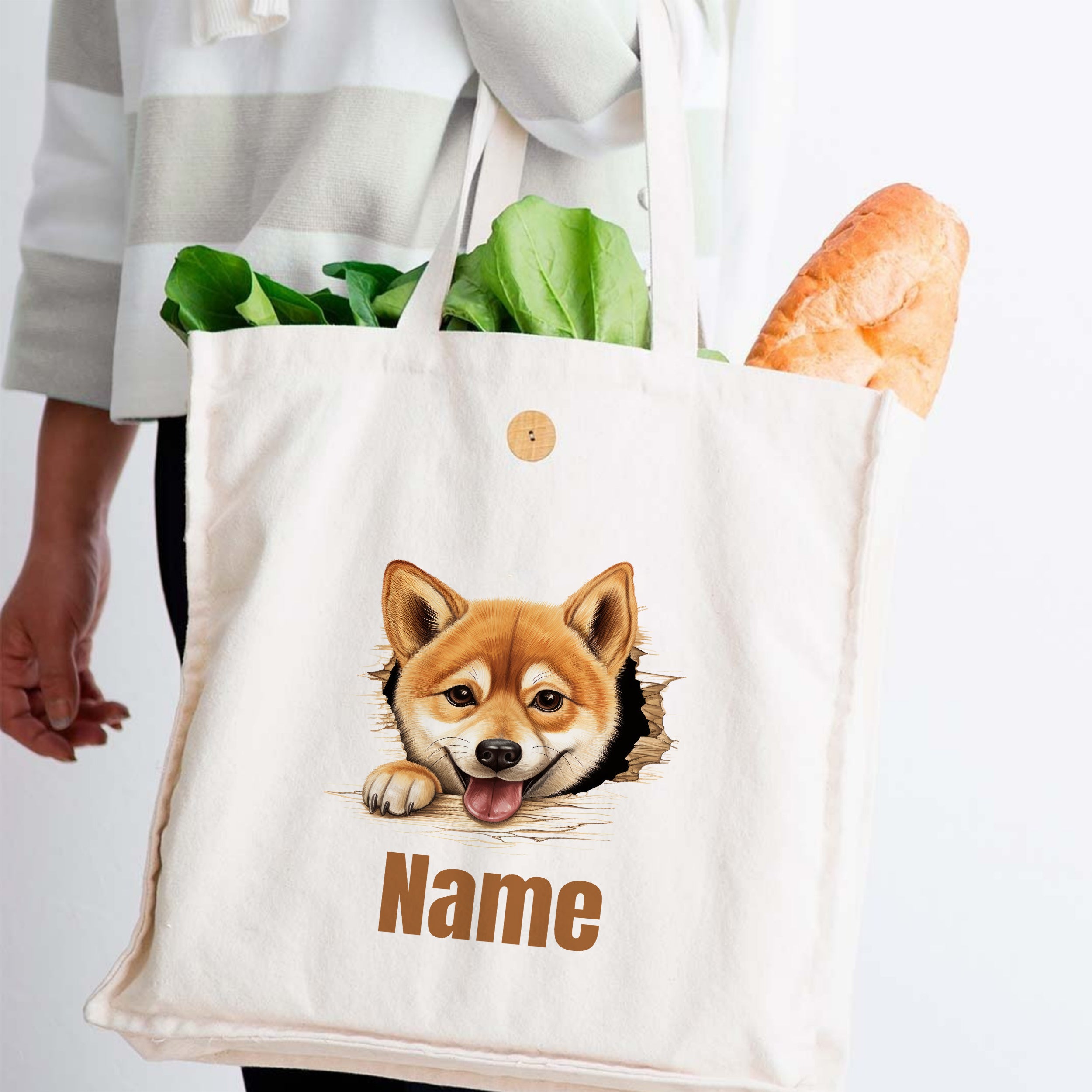 Beige Stofftasche mit niedlichem Shiba Inu und Name.