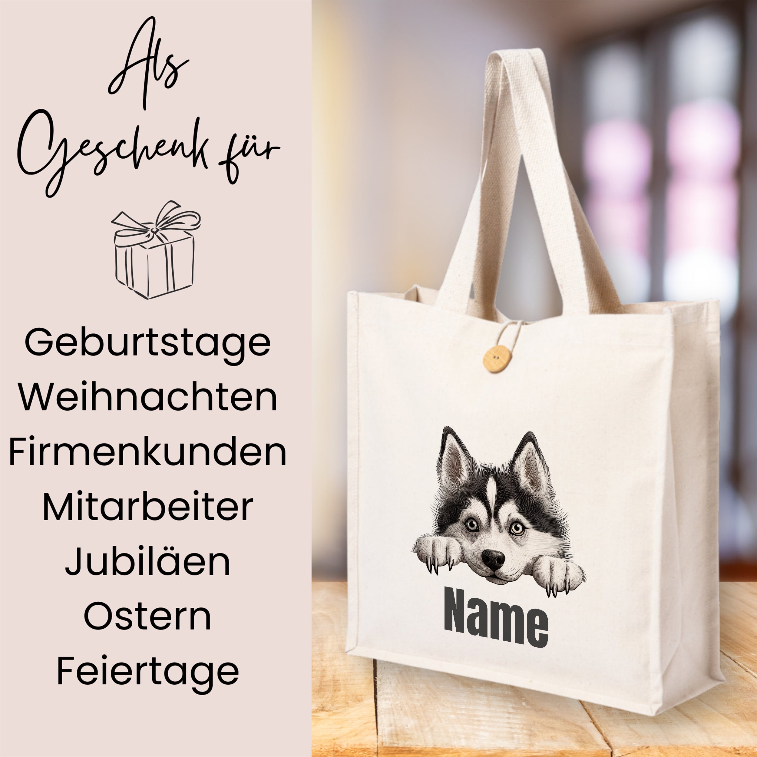 Beige Tragetasche mit Husky-Motiv und personalisierbarem Namen.