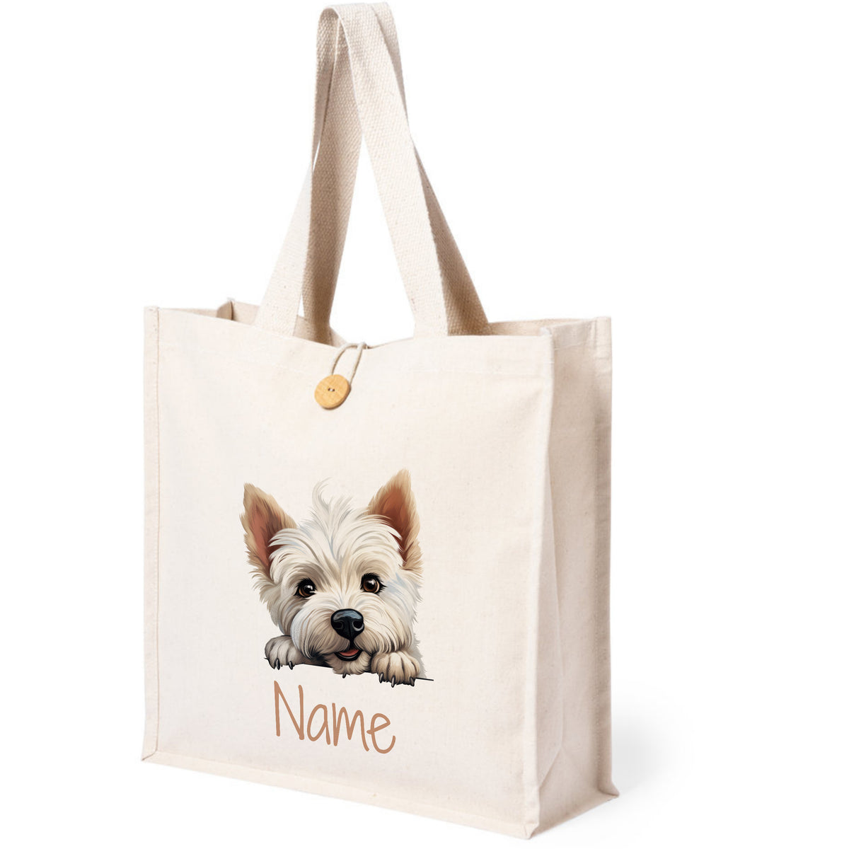 Beige Tragetasche mit Hundemotiv und personalisierbarem Namen.