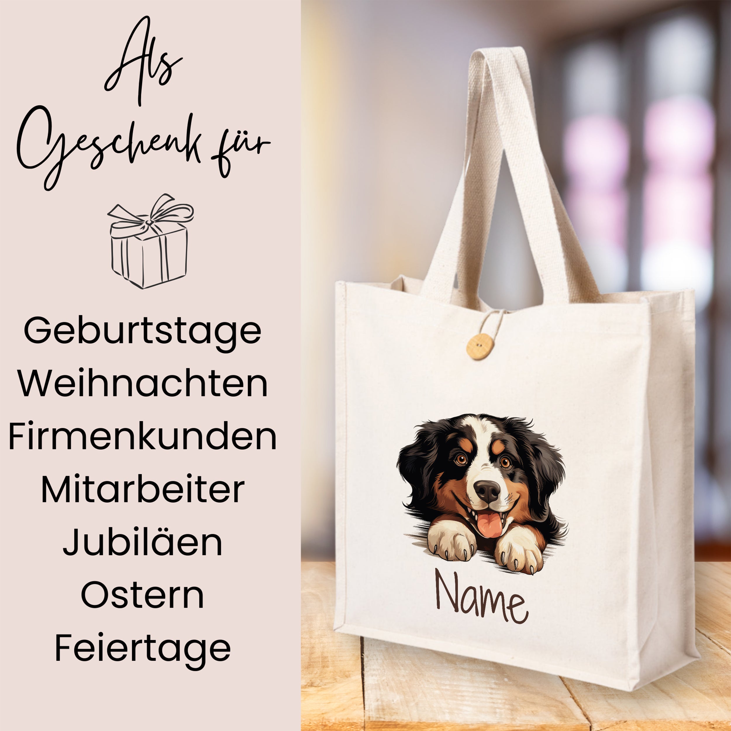 Beige Stofftasche mit Hundemotiv und personalisierbarem Namen.
