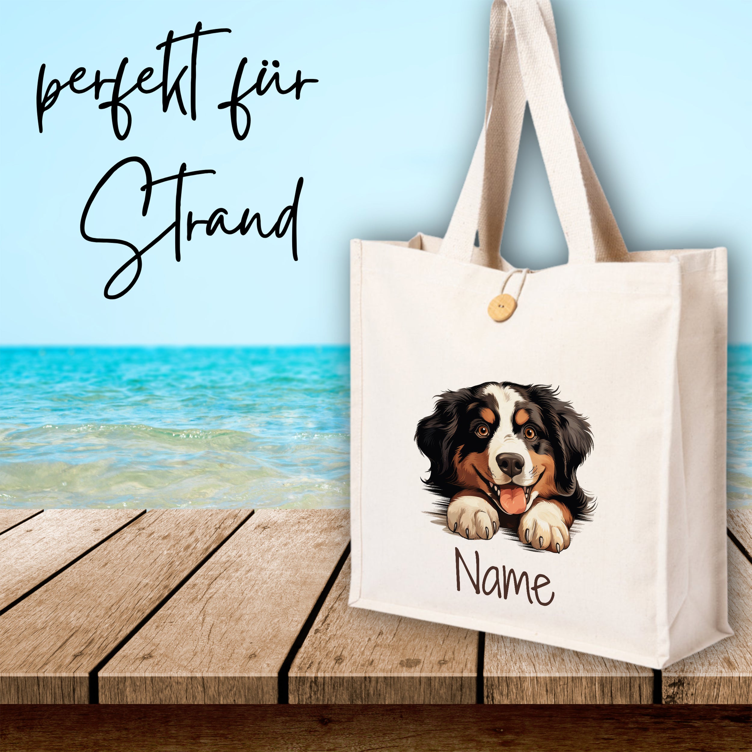 Beige Strandtasche mit Hundemotiv und personalisierbarem Namen.