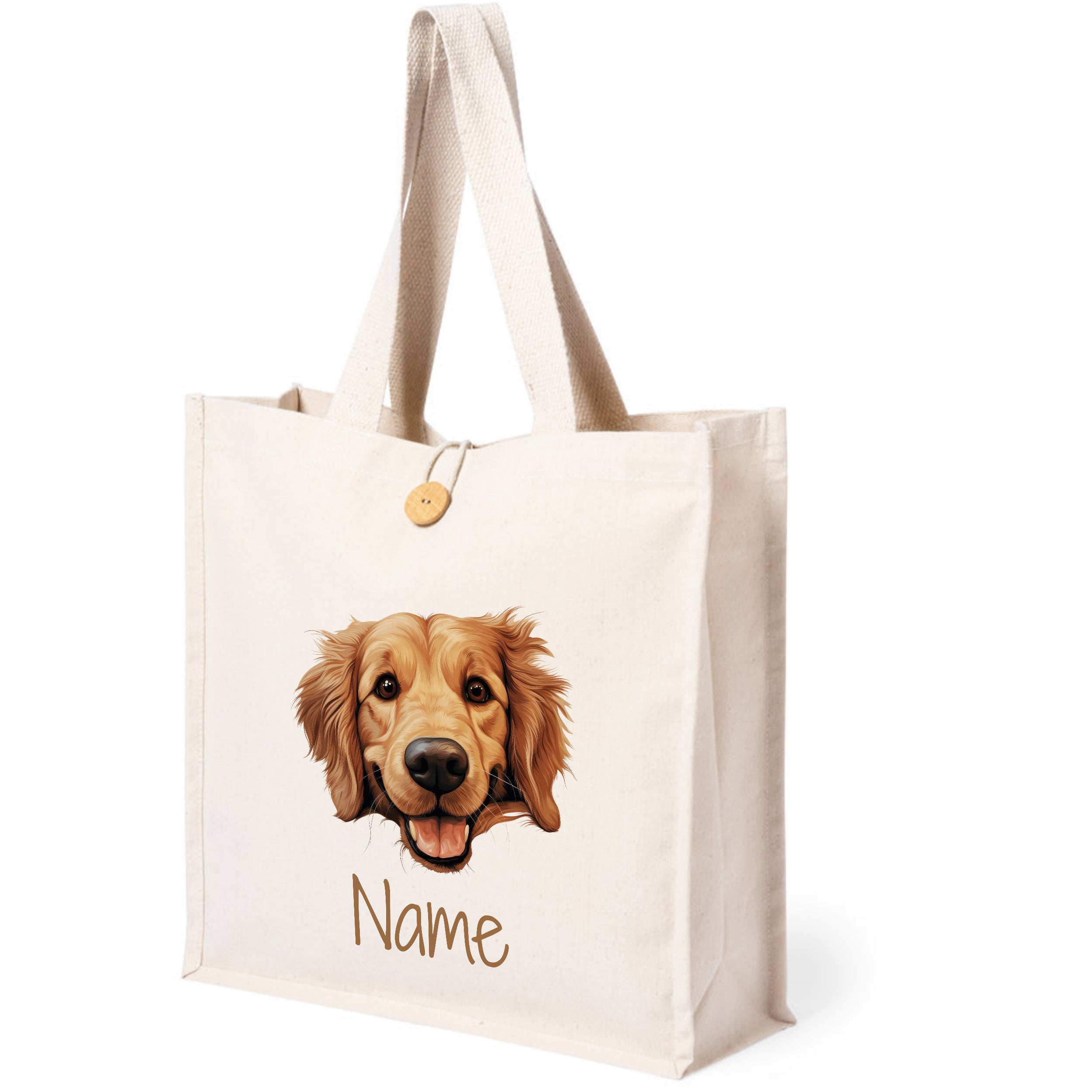 Beige Tasche mit goldenem Retriever und personalisierbarem Namen.