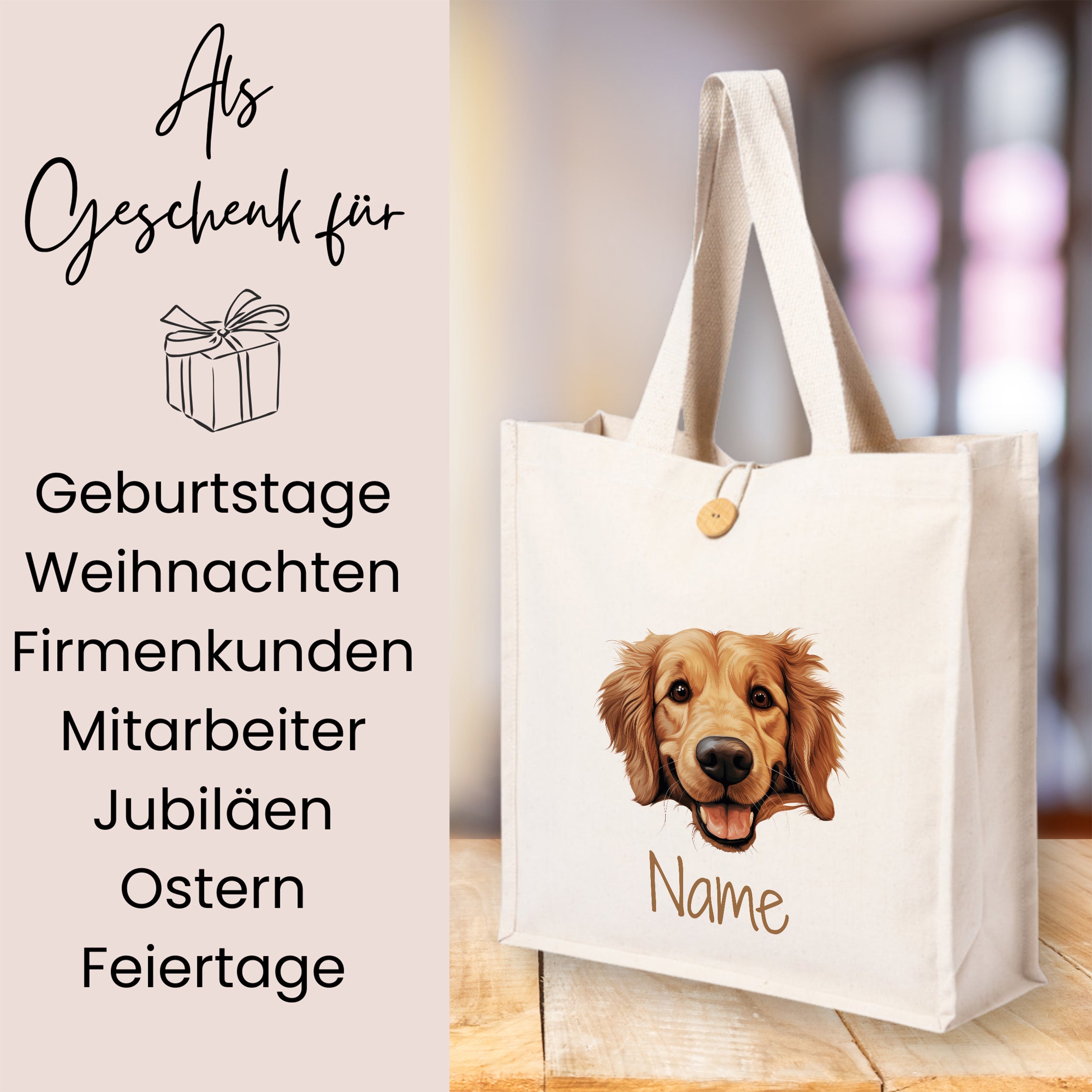 Beige Tragetasche mit Hundemotiv und personalisierbarem Namen.