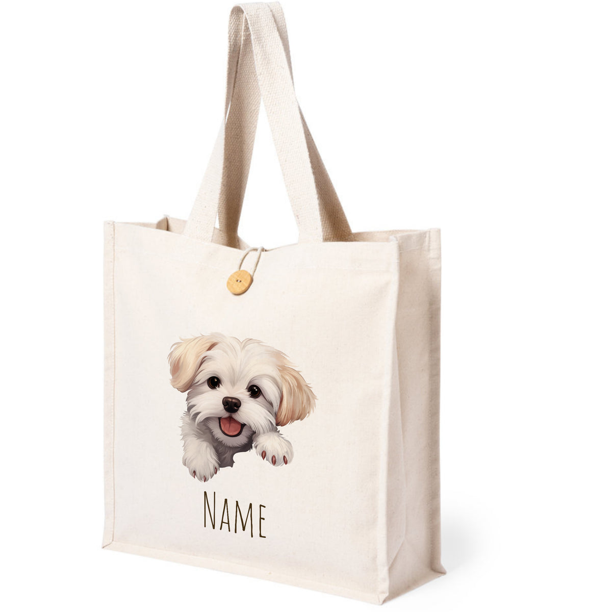 Beige Baumwolltasche mit Hundemotiv und personalisierbarem Namen.