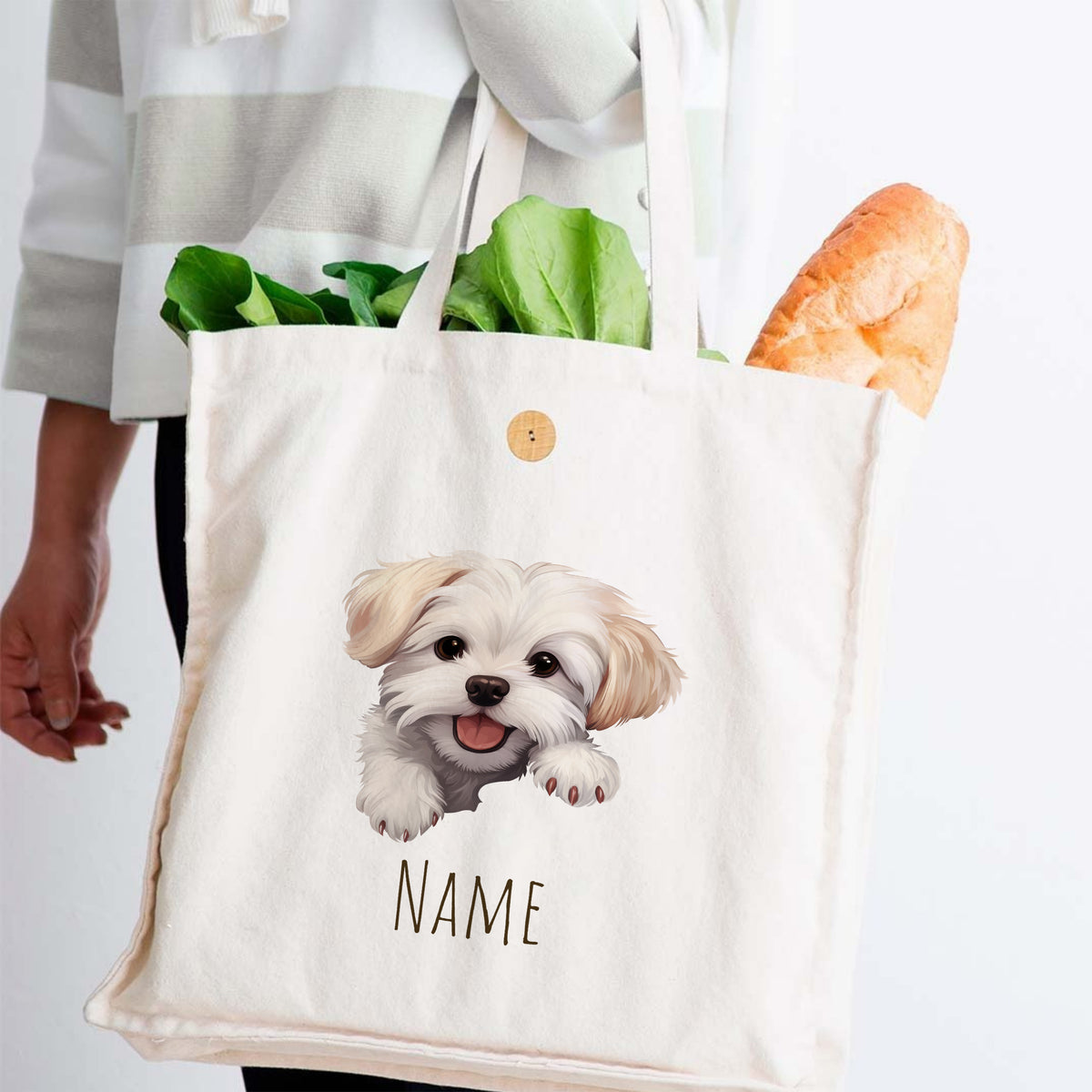 Beige Baumwolltasche mit Hundemotiv und frischem Gemüse.