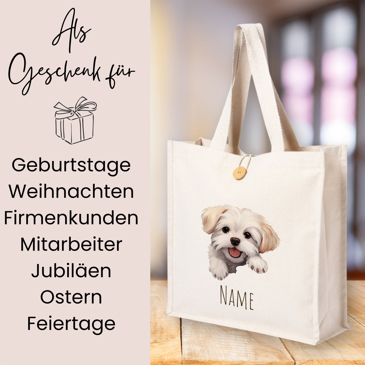 Beige Tragetasche mit Hundemotiv und personalisierbarem Namen.