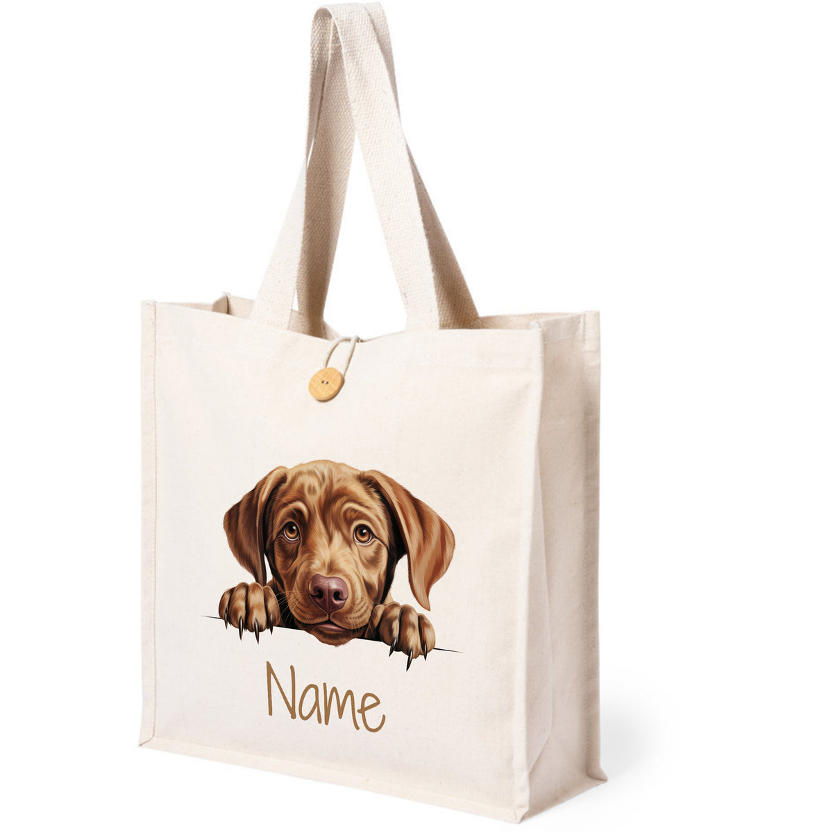 Beige Tasche mit Hundemotiv und personalisierbarem Namen.
