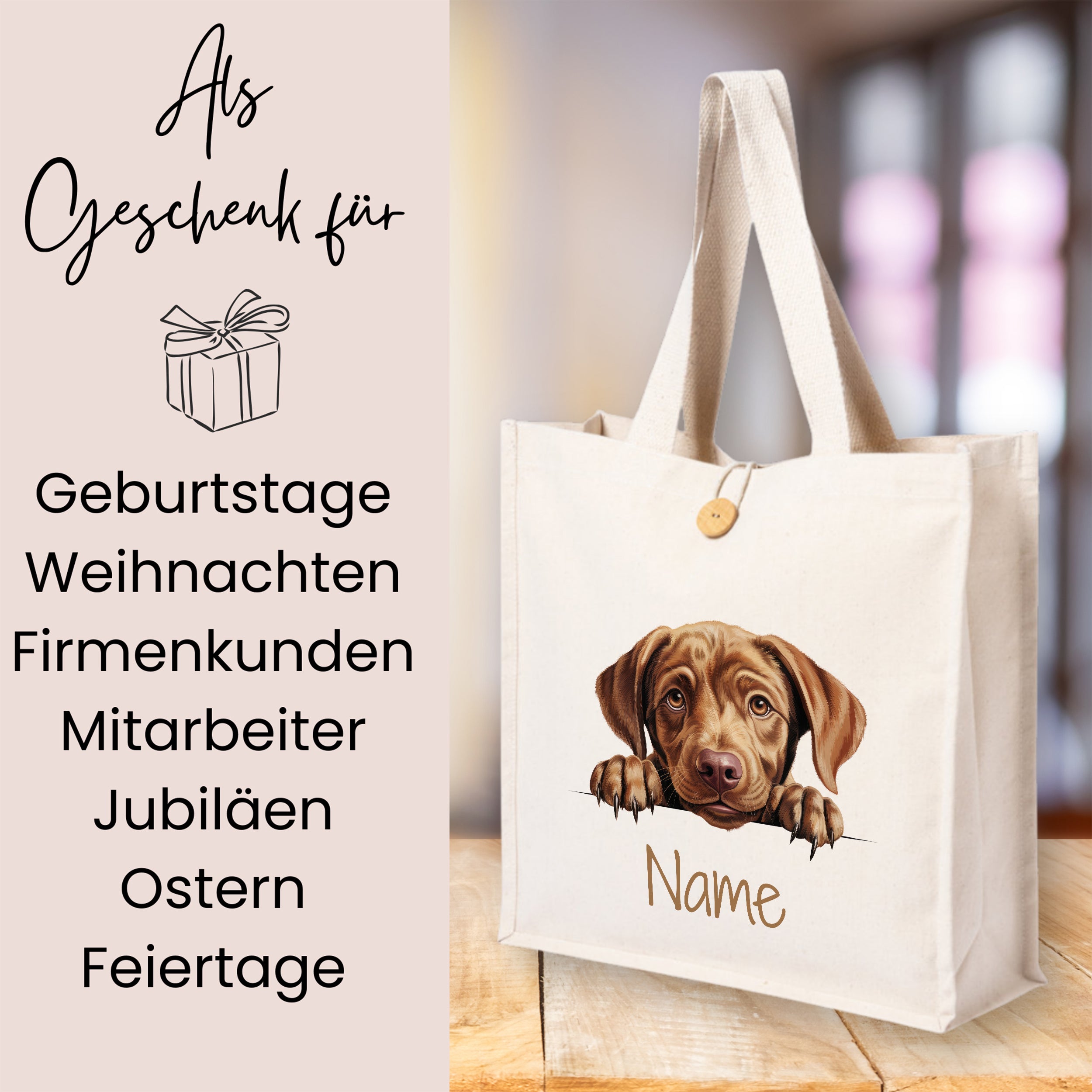 Beige Tragetasche mit Hundemotiv und personalisierbarem Namen.