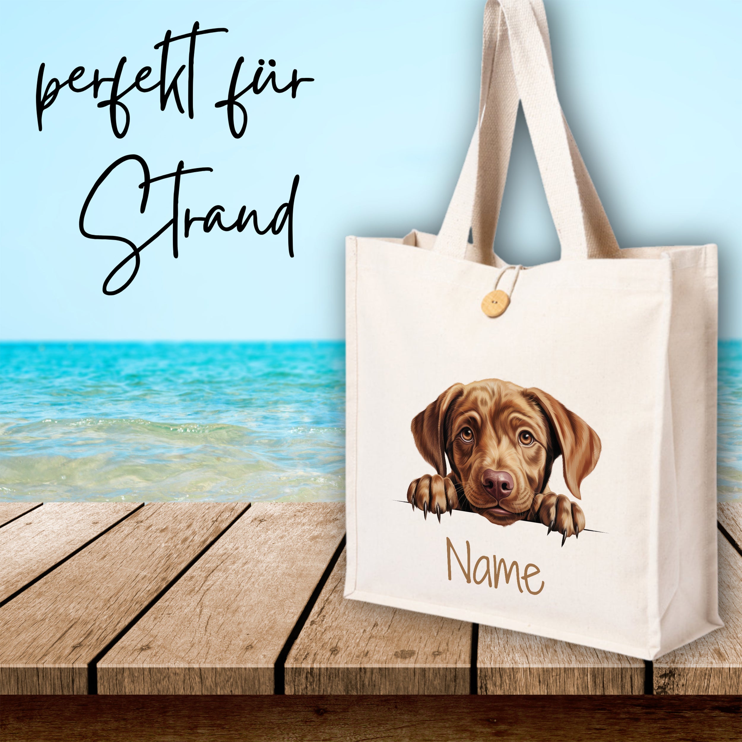 Beige Strandtasche mit Hundemotiv und personalisierbarem Namen.