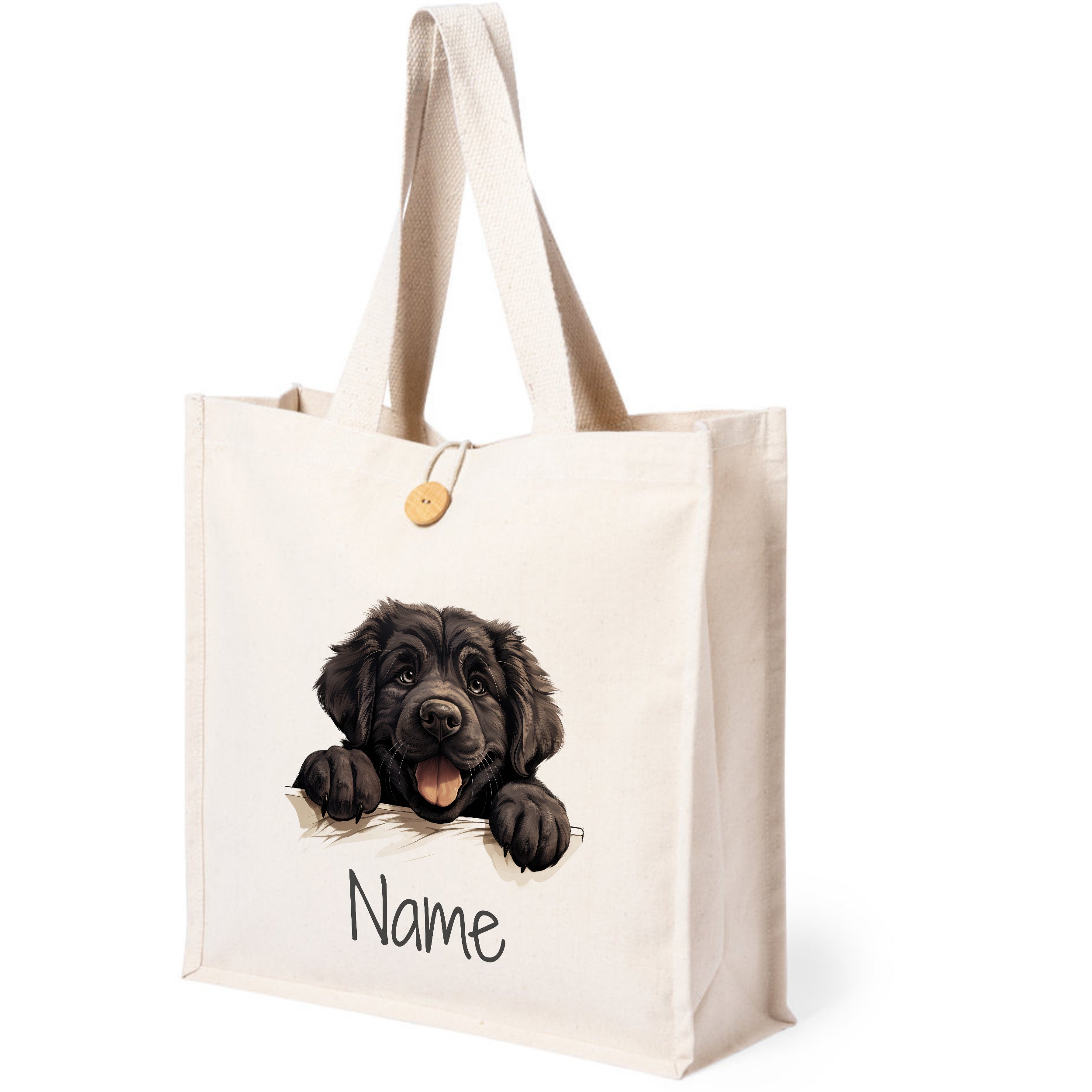 Beige Tasche mit Hundemotiv und personalisierbarem Namen.