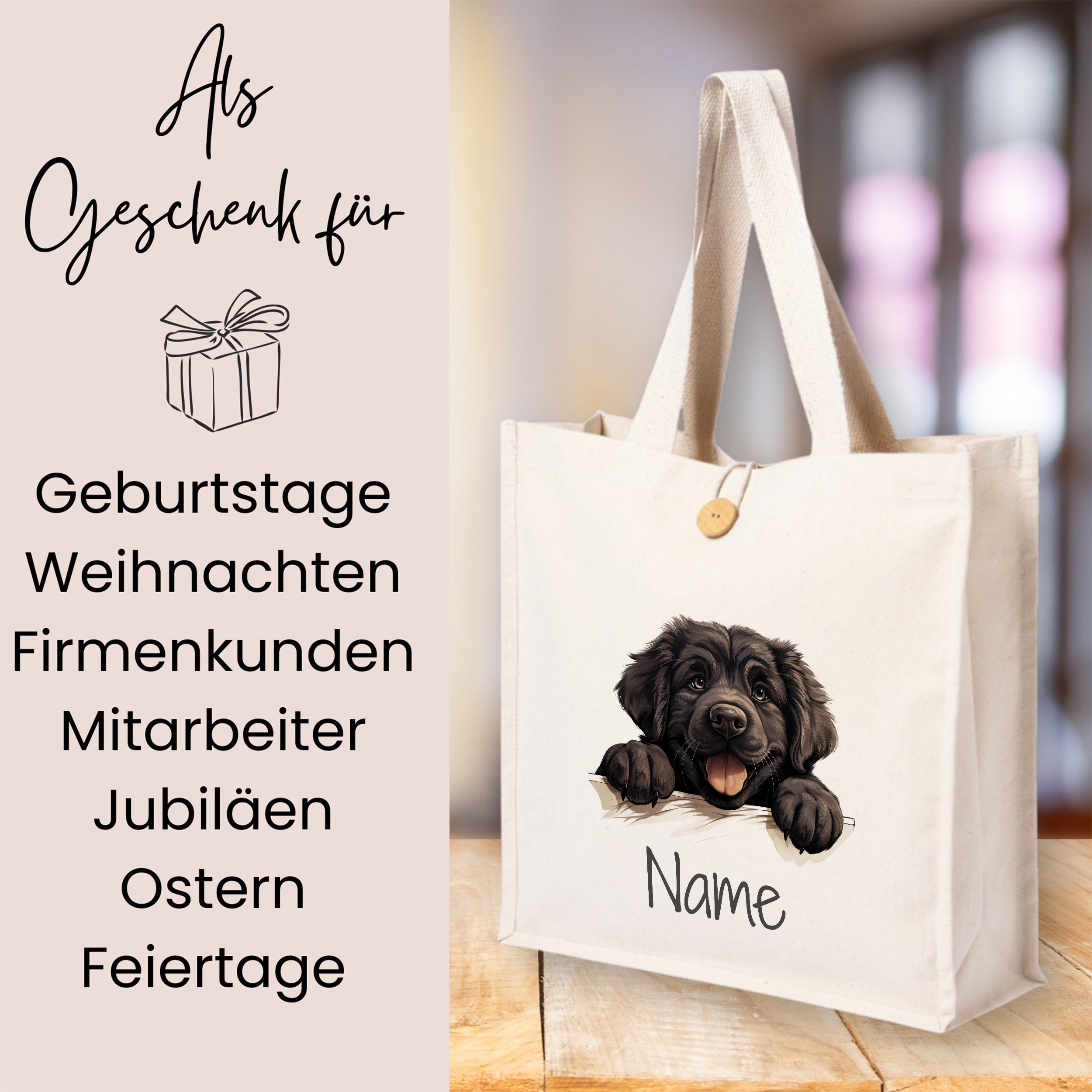Beige Stofftasche mit Hundemotiv und personalisierbarem Namen.