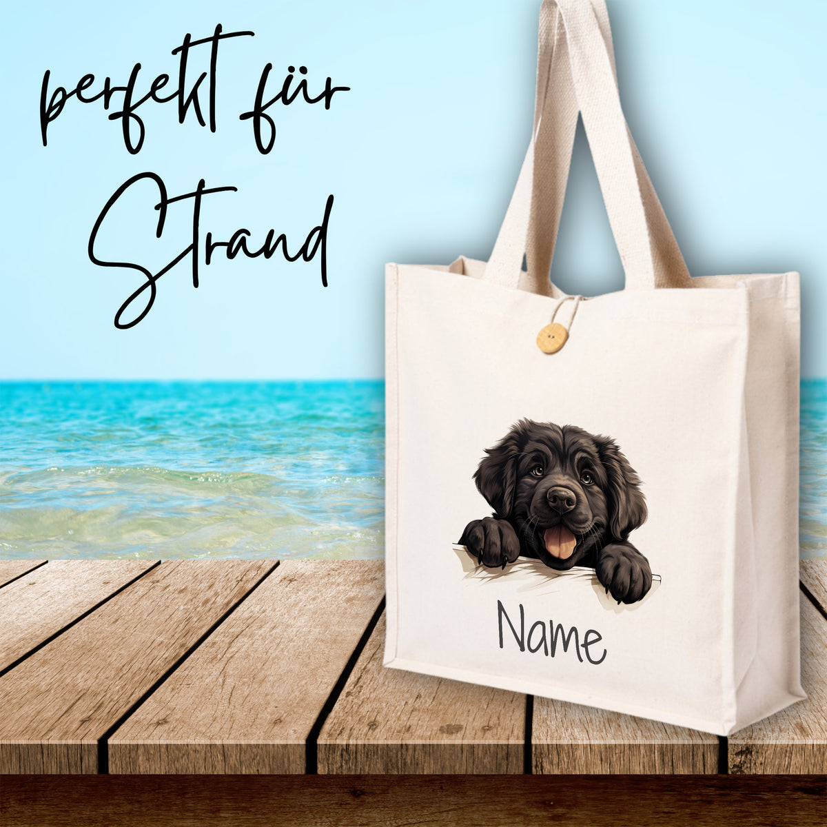 Beige Strandtasche mit schwarzem Hundemotiv und Namen.