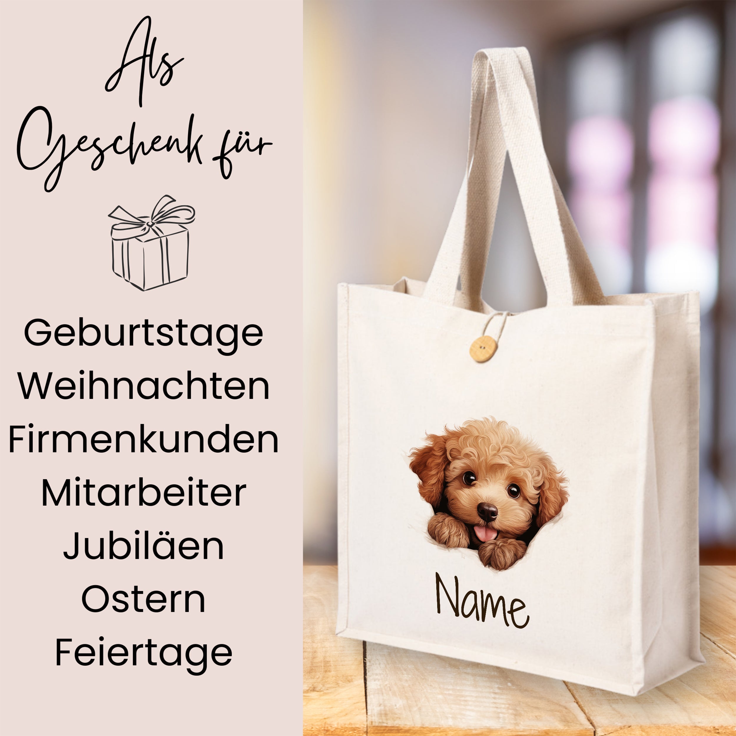 Beige Tragetasche mit Hundemotiv und personalisierbarem Namen.