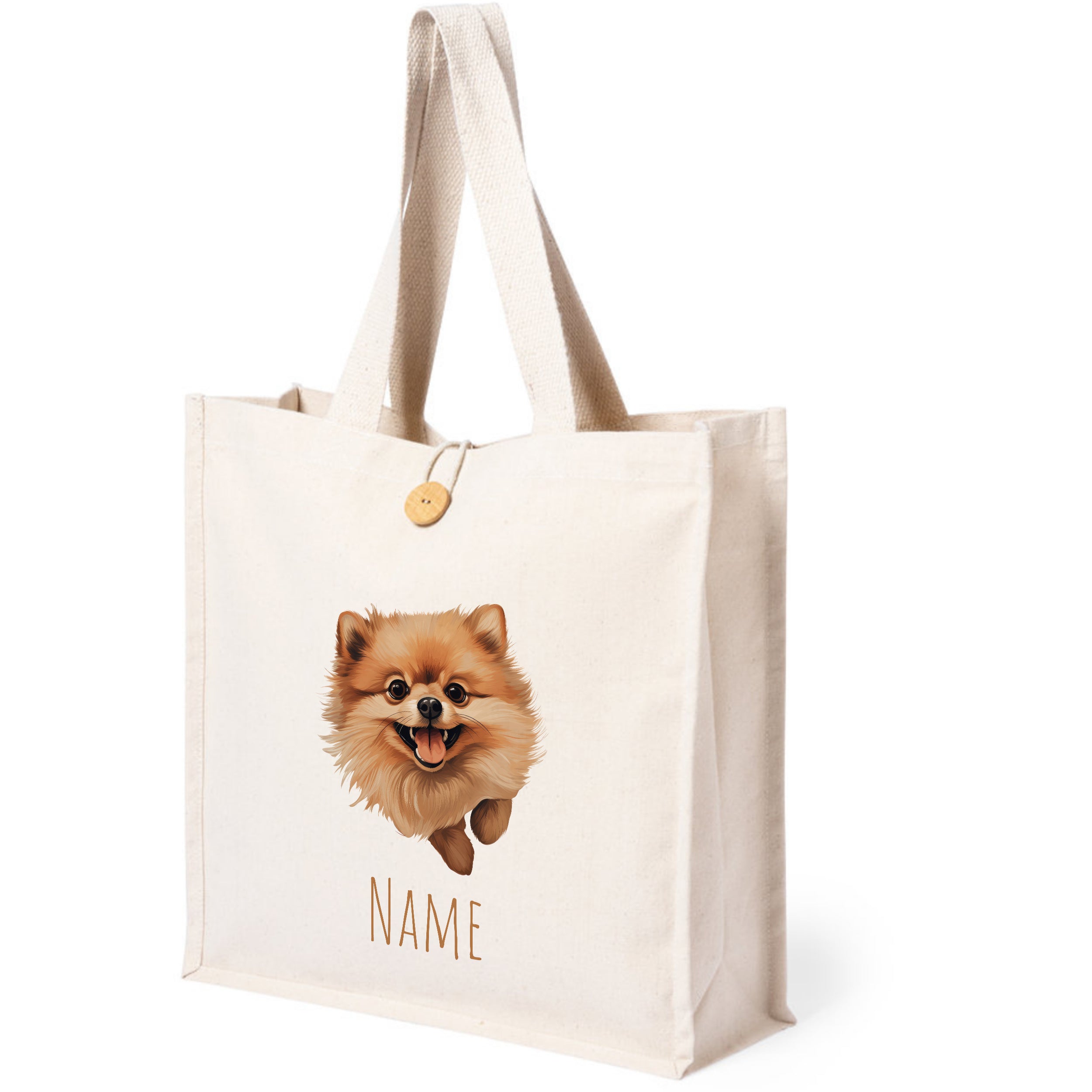 Beige Tragetasche mit Pomeranian-Motiv und personalisierbarem Namen.