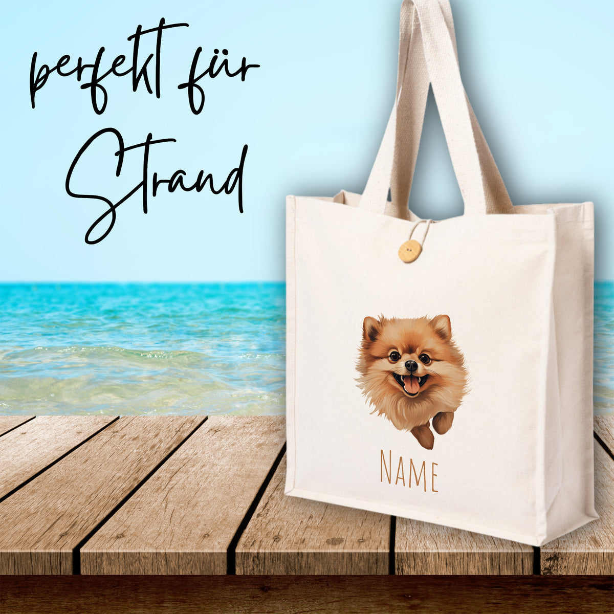 Beige Strandtasche mit Pomeranian-Motiv und personalisierbarem Namen.