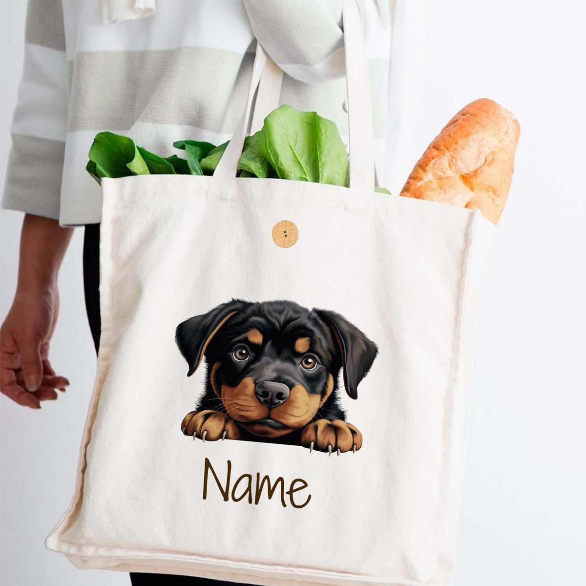 Beige Baumwolltasche mit Rottweiler-Motiv und personalisierbarem Namen.