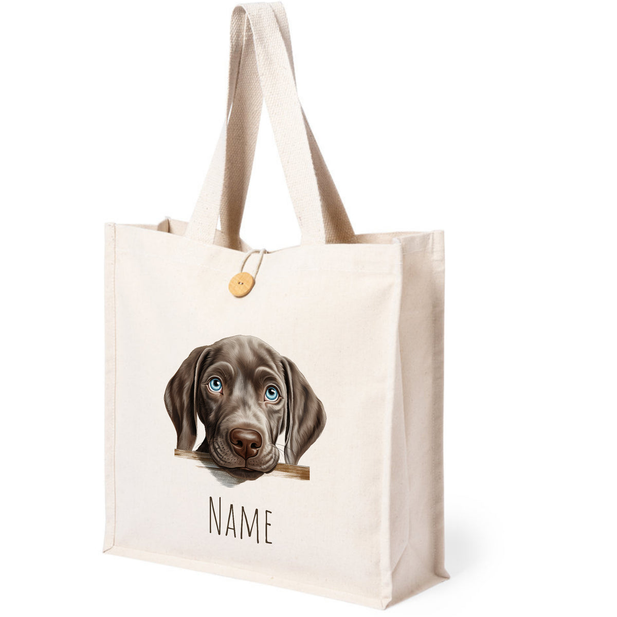 Beige Tasche mit Hundemotiv und personalisierbarem Namen.