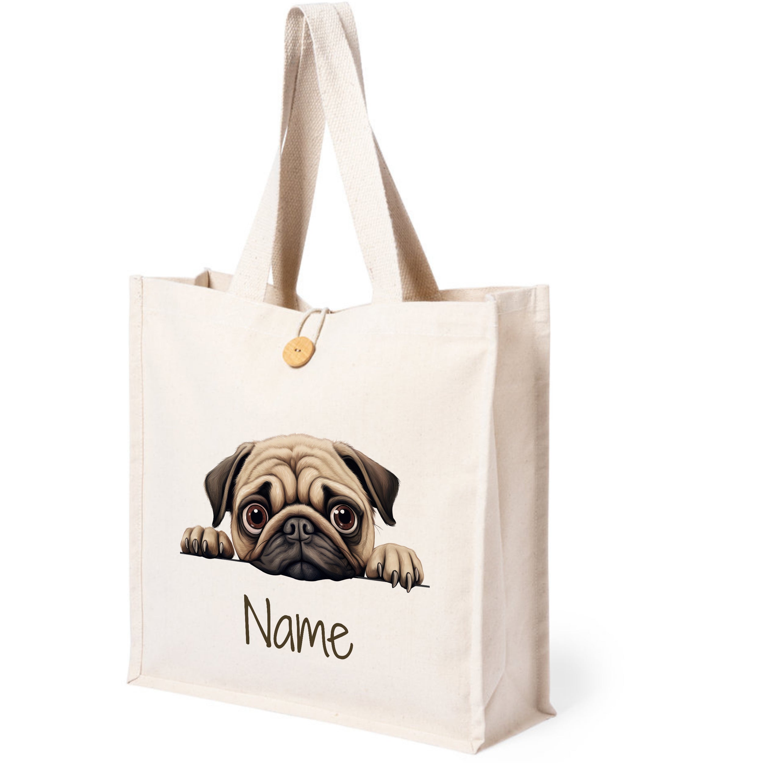 Beige Stofftasche mit Pug-Motiv und personalisierbarem Namen.