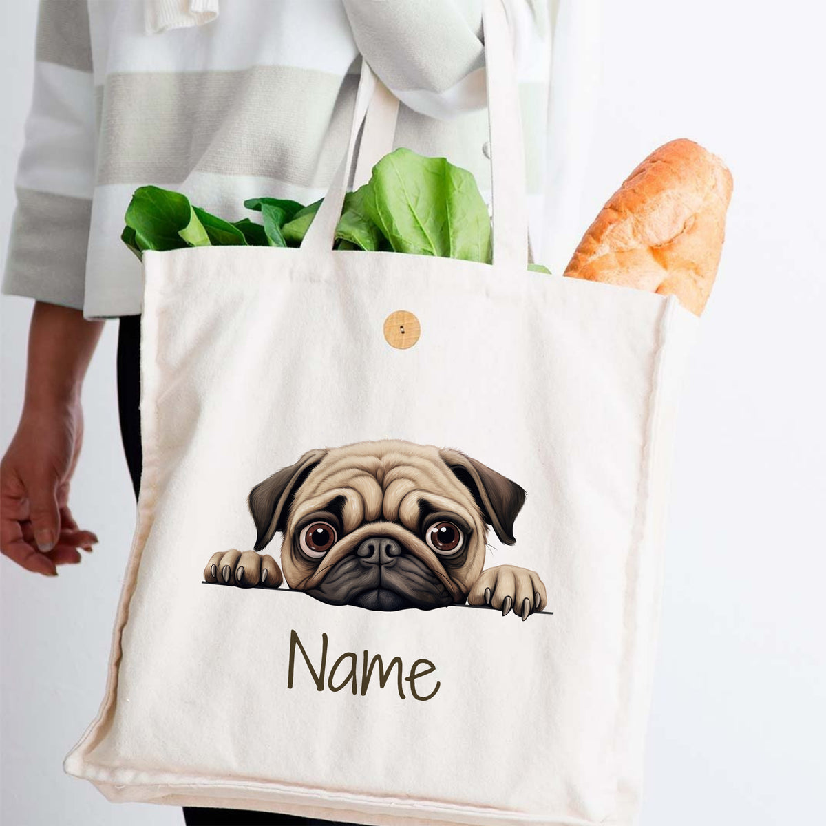Beige Tasche mit Pug-Motiv, personalisiert mit "Name".