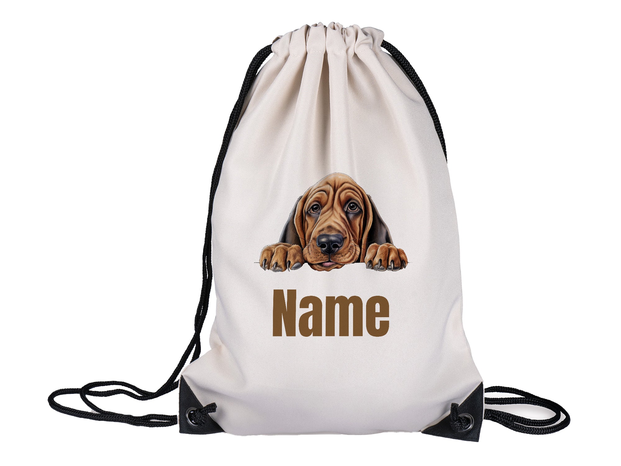 Beige Turnbeutel mit Hundemotiv und personalisierbarem Namen.