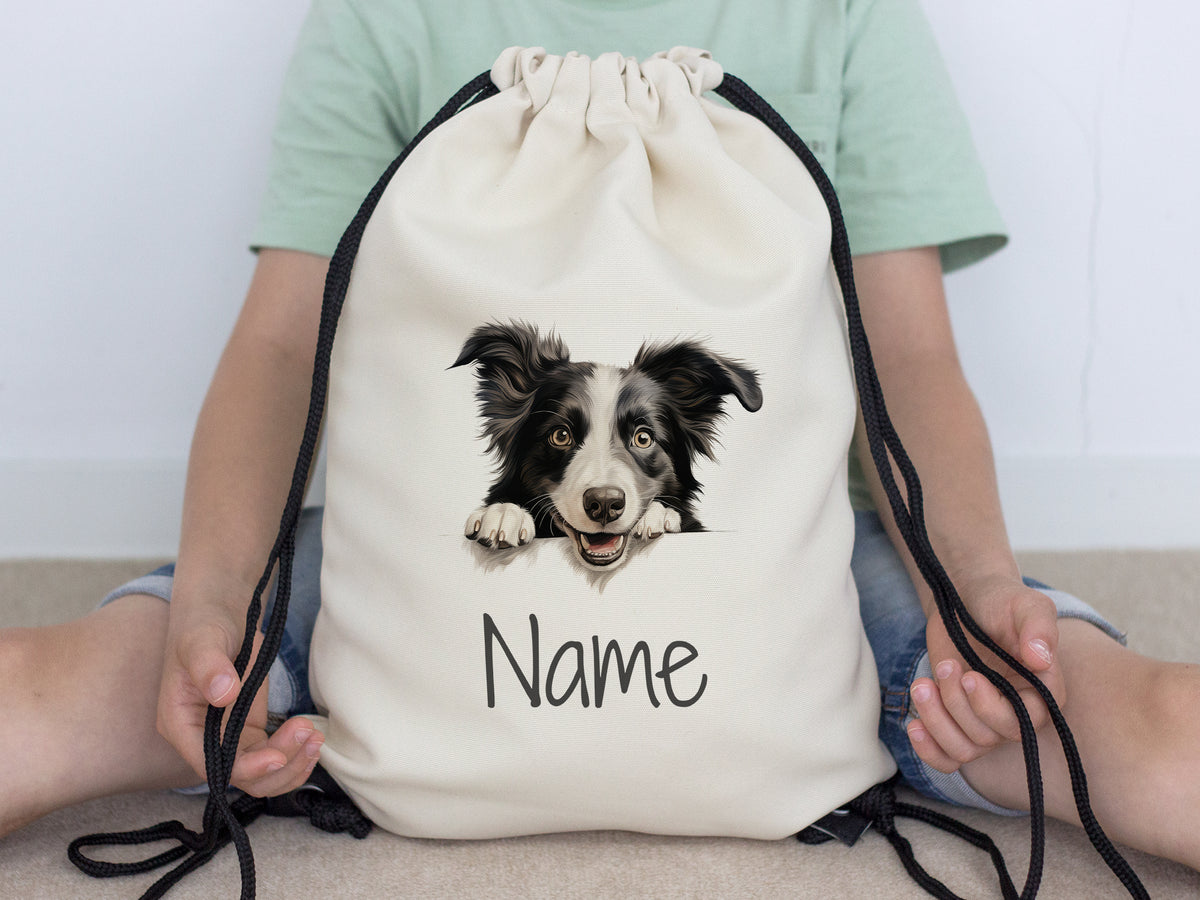 Beige Rucksack mit Border Collie und personalisierbarem Namen.