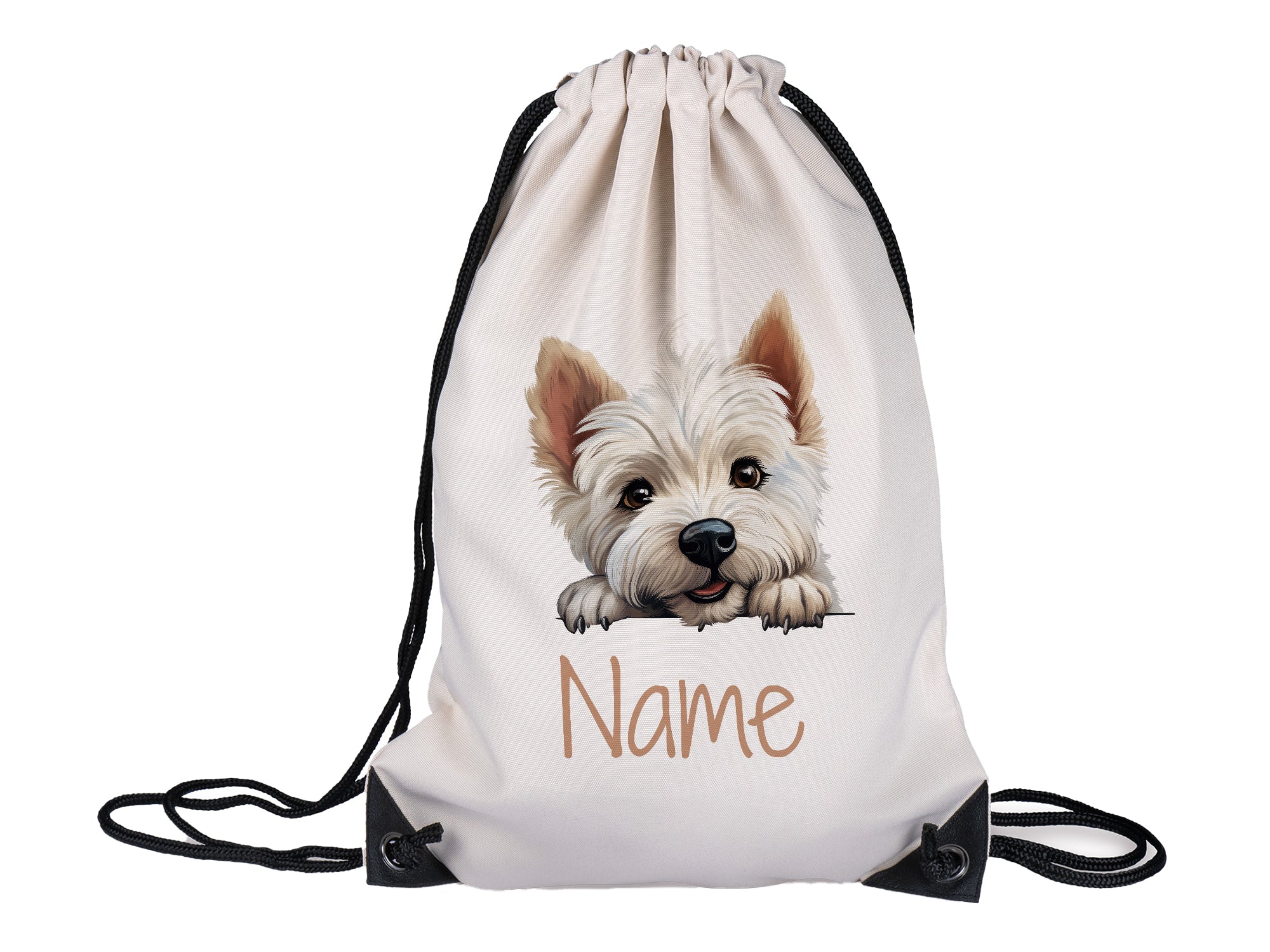 Beige Rucksack mit Hundemotiv und personalisierbarem Namen.