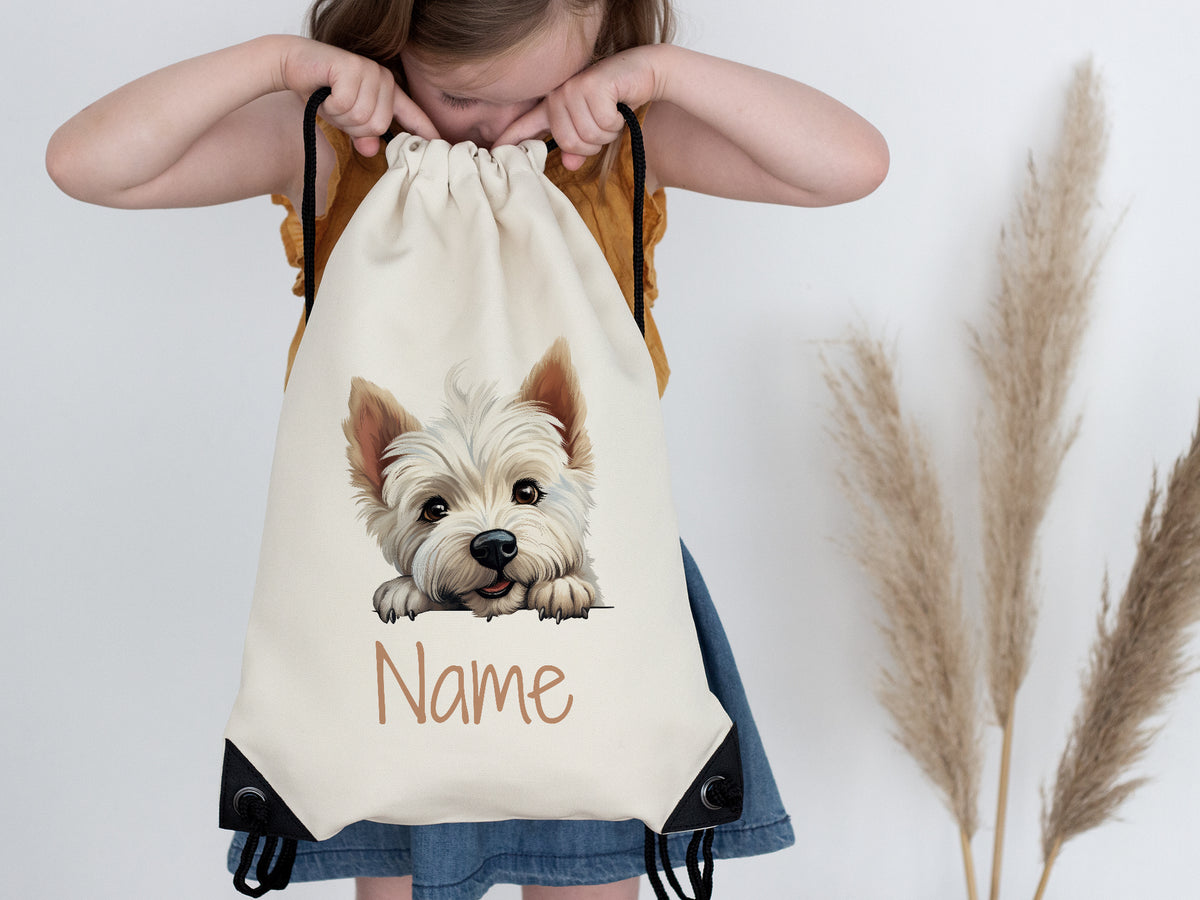 Beige Rucksack mit Hundemotiv und personalisierbarem Namen.