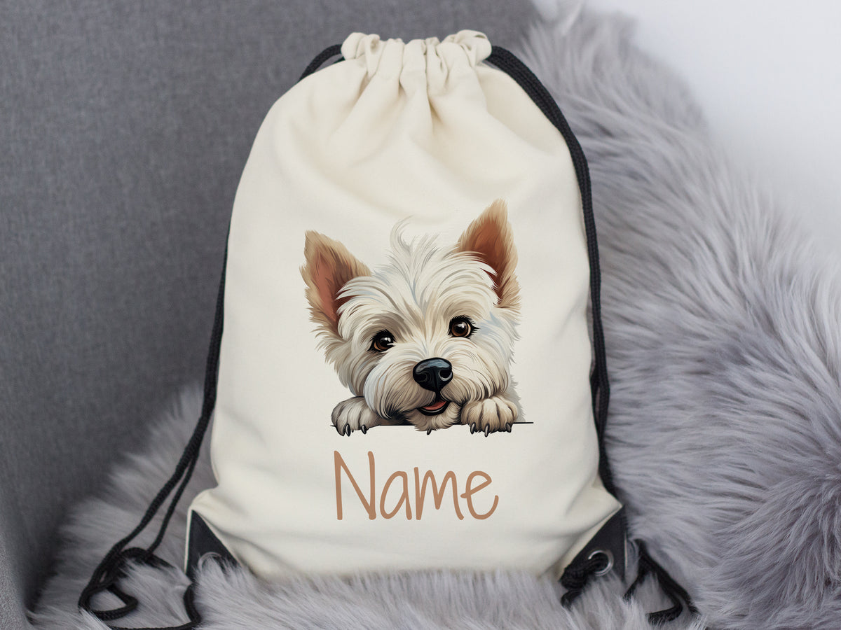 Beige Rucksack mit Hundemotiv und personalisierbarem Namen.