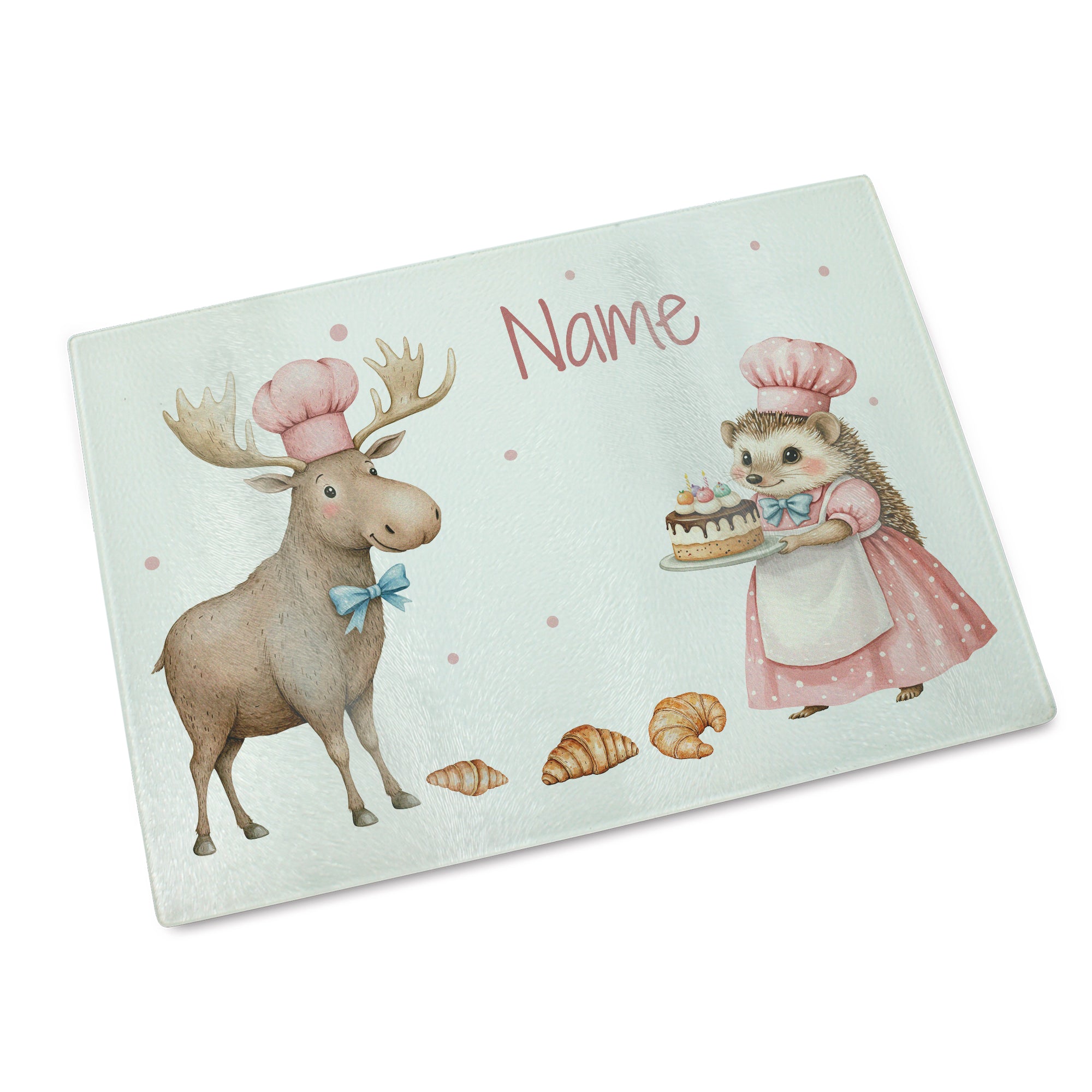 Küchenmatte mit Elch und Igel, pastellfarben, personalisierbar.