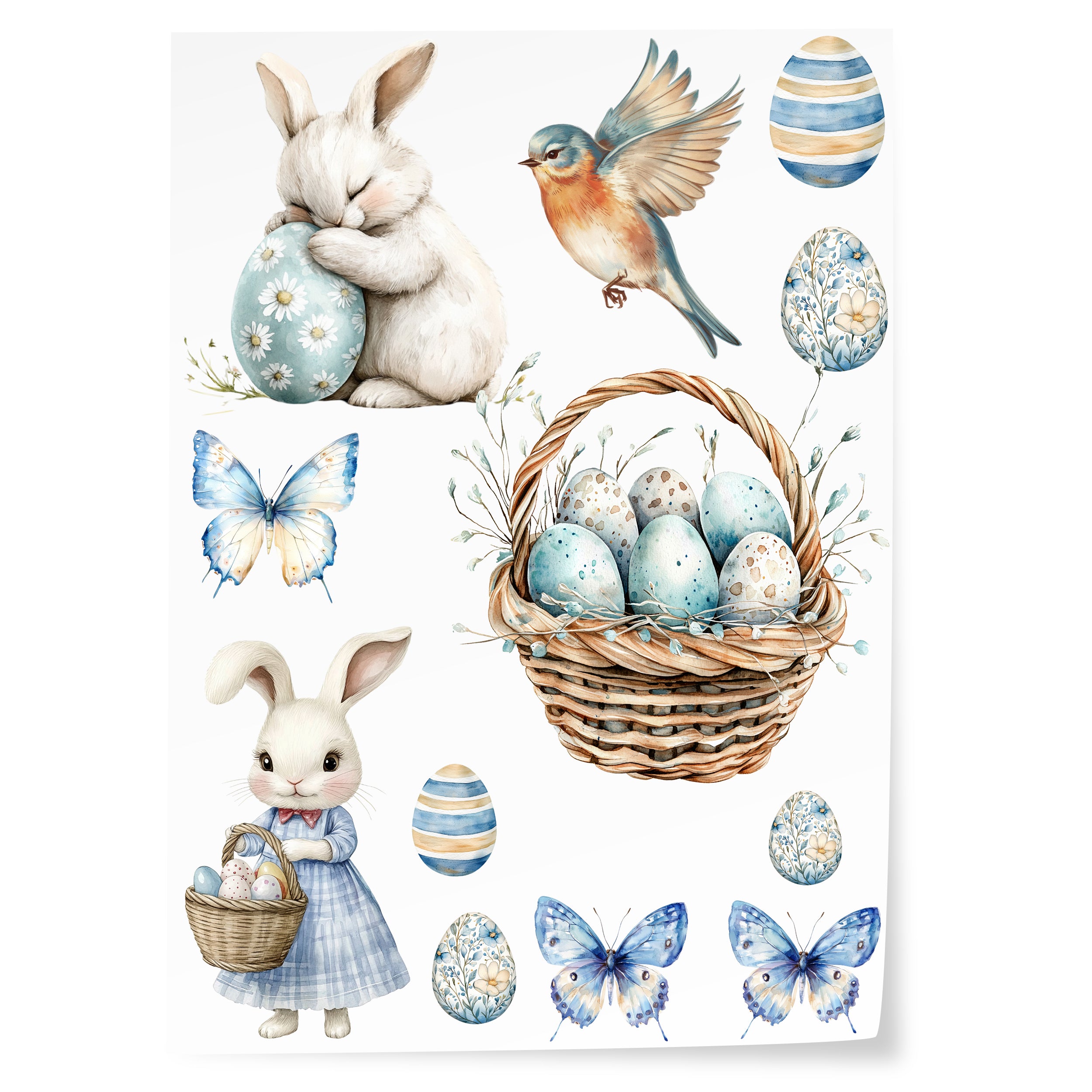 Hase mit Eiern, blauer Vogel, Korb mit Eiern, Schmetterlinge.