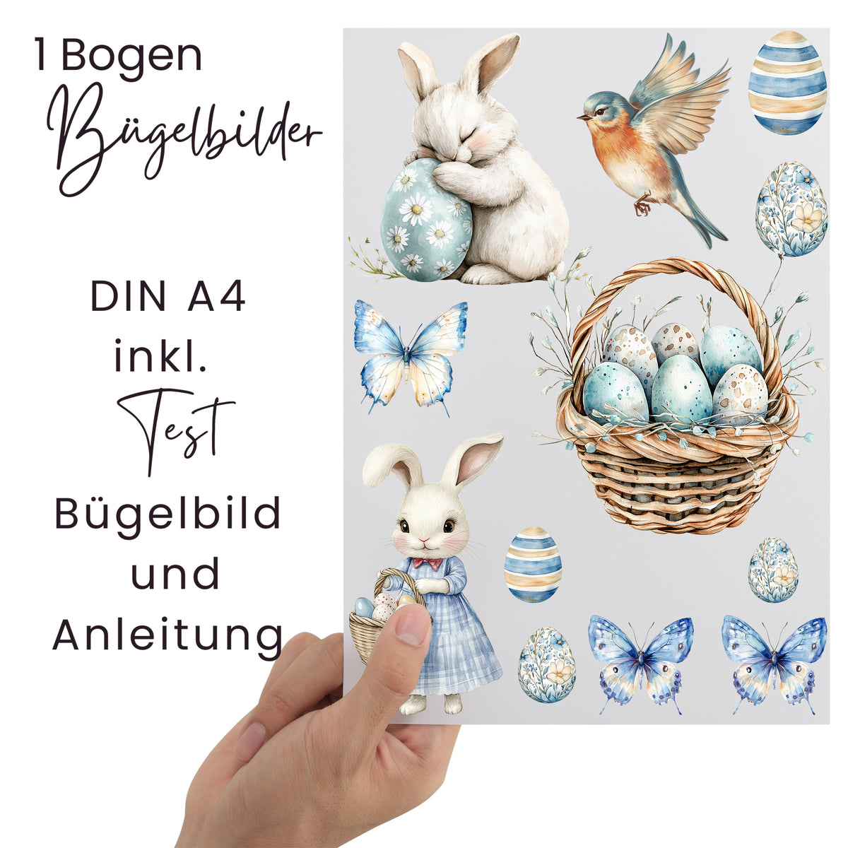 Bügelbilder mit Hasen, Vögeln und Ostereiern in Pastellfarben.
