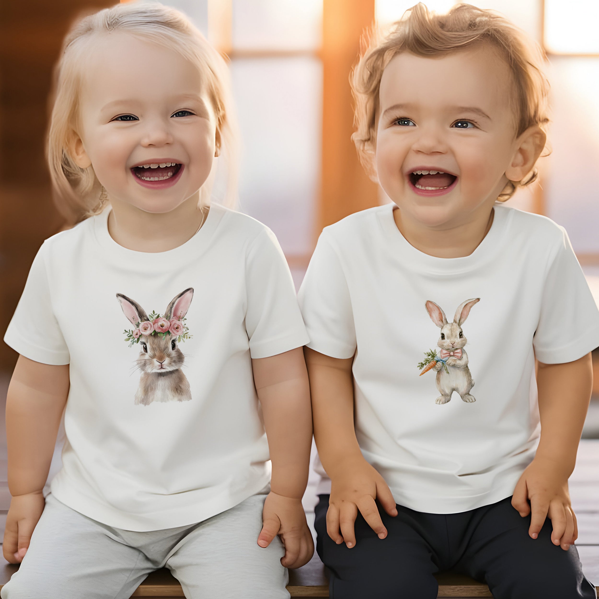 Zwei Kinder in weißen T-Shirts mit Hasenmotiven.