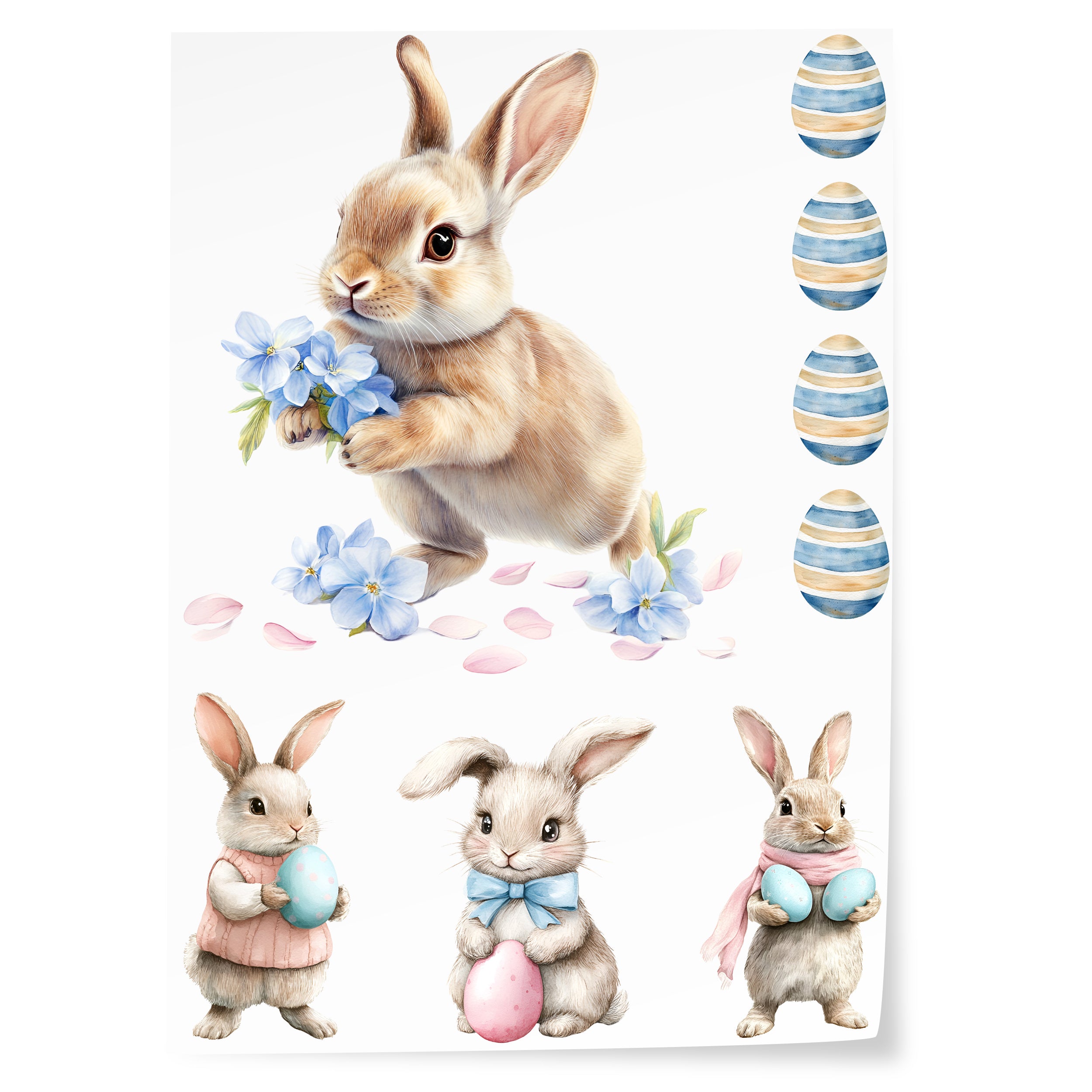 Häschen mit Blumen, pastellfarbene Ostereier, fröhliche Frühlingsszene.