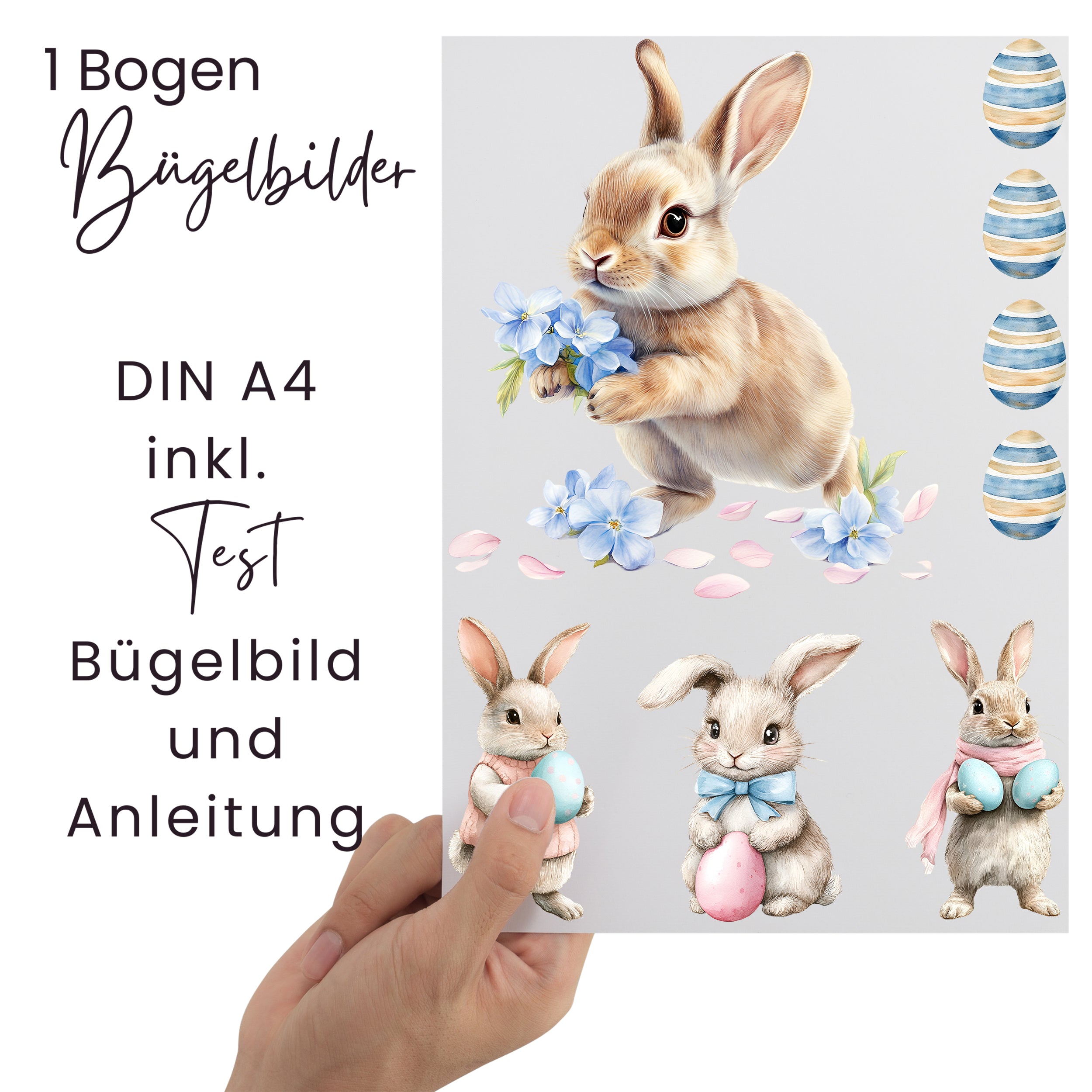 Bügelfolie mit Hasenmotiven, Blumen und Ostereiern, DIN A4.