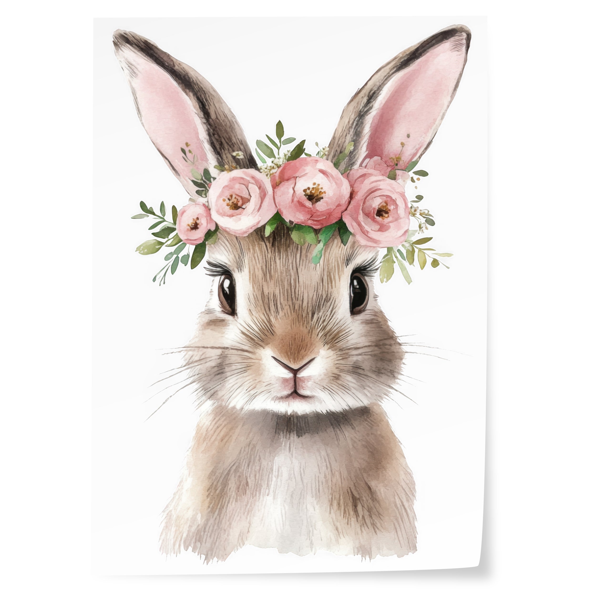 Hase mit Blumenkranz in Pastellfarben.